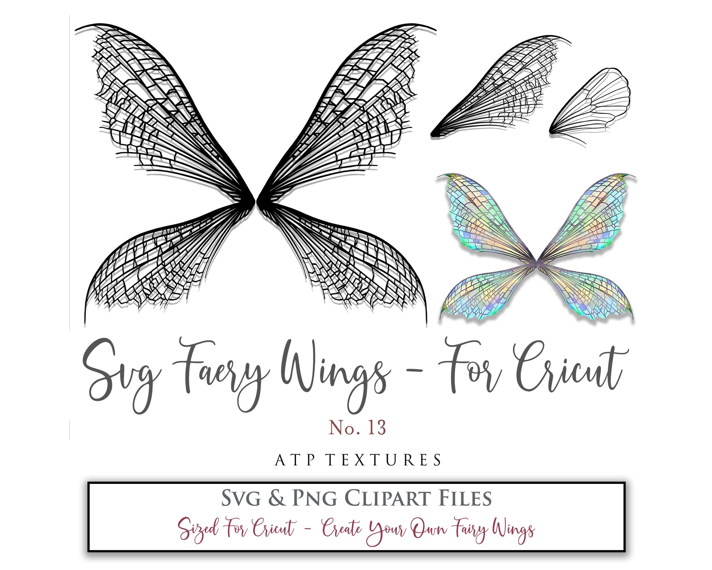 SVG & PNG Fairy/Angel Wing files for Cricut, Silhouette Cameo and other Cutting Machines. Create wearable fairy wings, all sizes. Perfect for Halloween Costumes, Fantasy, Cosplay, Photography. Prints, Wedding, Engagement, Baby Shower invitations, Sublimation Printing, Clip Art and more. Cut and assemble. ATP Textures.
