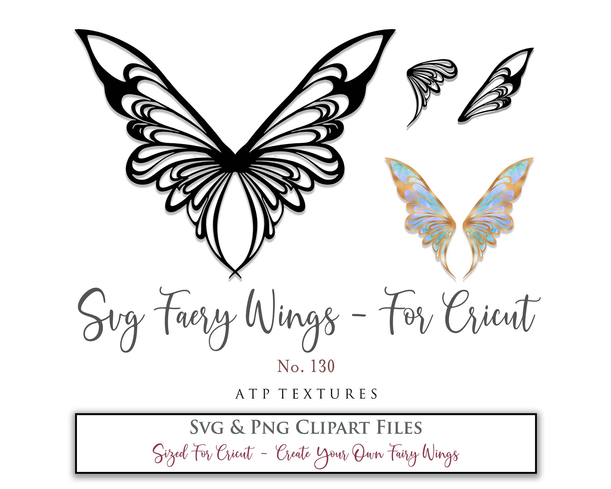 SVG & PNG Fairy/Angel Wing files for Cricut, Silhouette Cameo and other Cutting Machines. Create wearable fairy wings, all sizes. Perfect for Halloween Costumes, Fantasy, Cosplay, Photography. Prints, Wedding, Engagement, Baby Shower invitations, Sublimation Printing, Clip Art and more. Cut and assemble. ATP Textures.