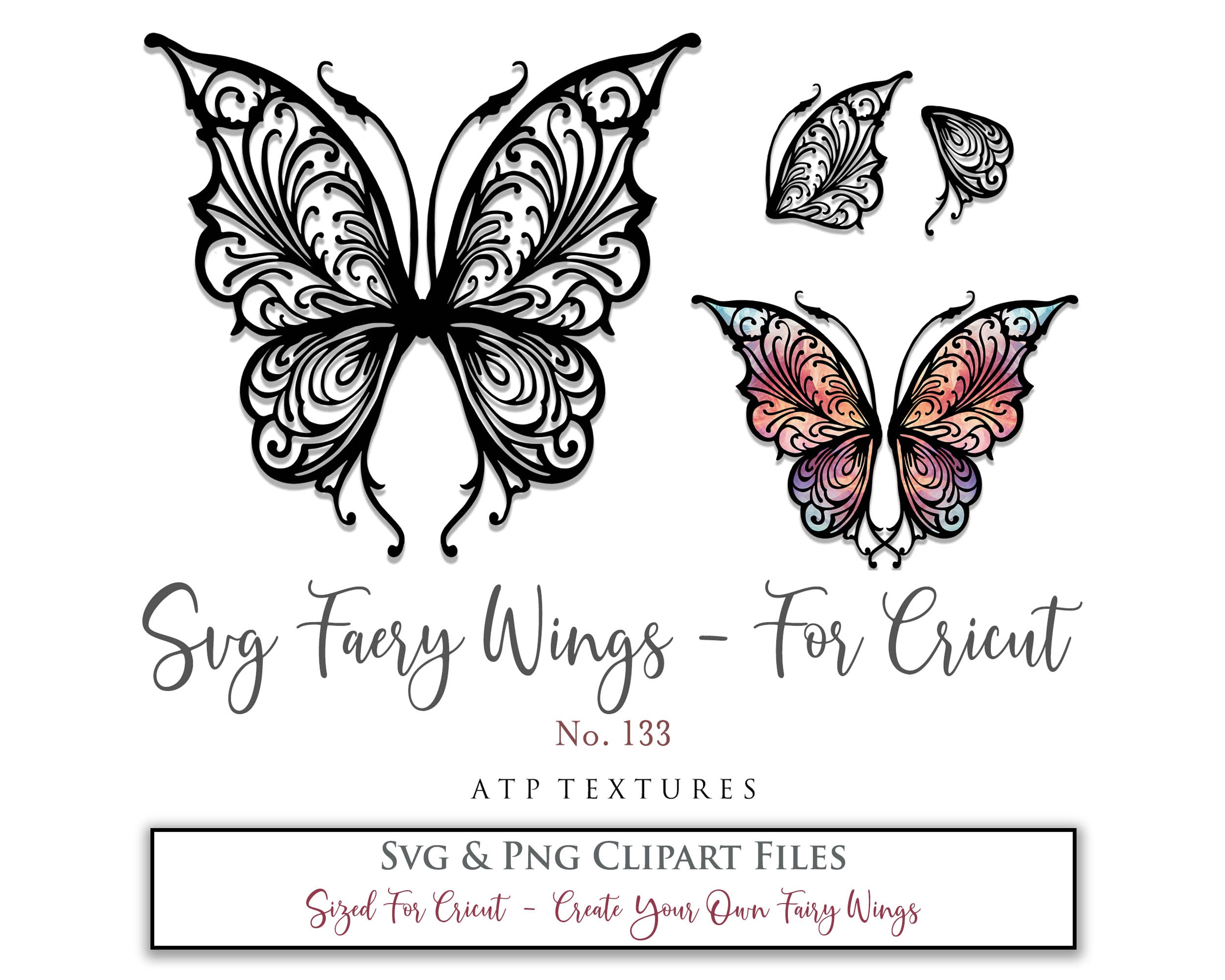 SVG & PNG Fairy/Angel Wing files for Cricut, Silhouette Cameo and other Cutting Machines. Create wearable fairy wings, all sizes. Perfect for Halloween Costumes, Fantasy, Cosplay, Photography. Prints, Wedding, Engagement, Baby Shower invitations, Sublimation Printing, Clip Art and more. Cut and assemble. ATP Textures.