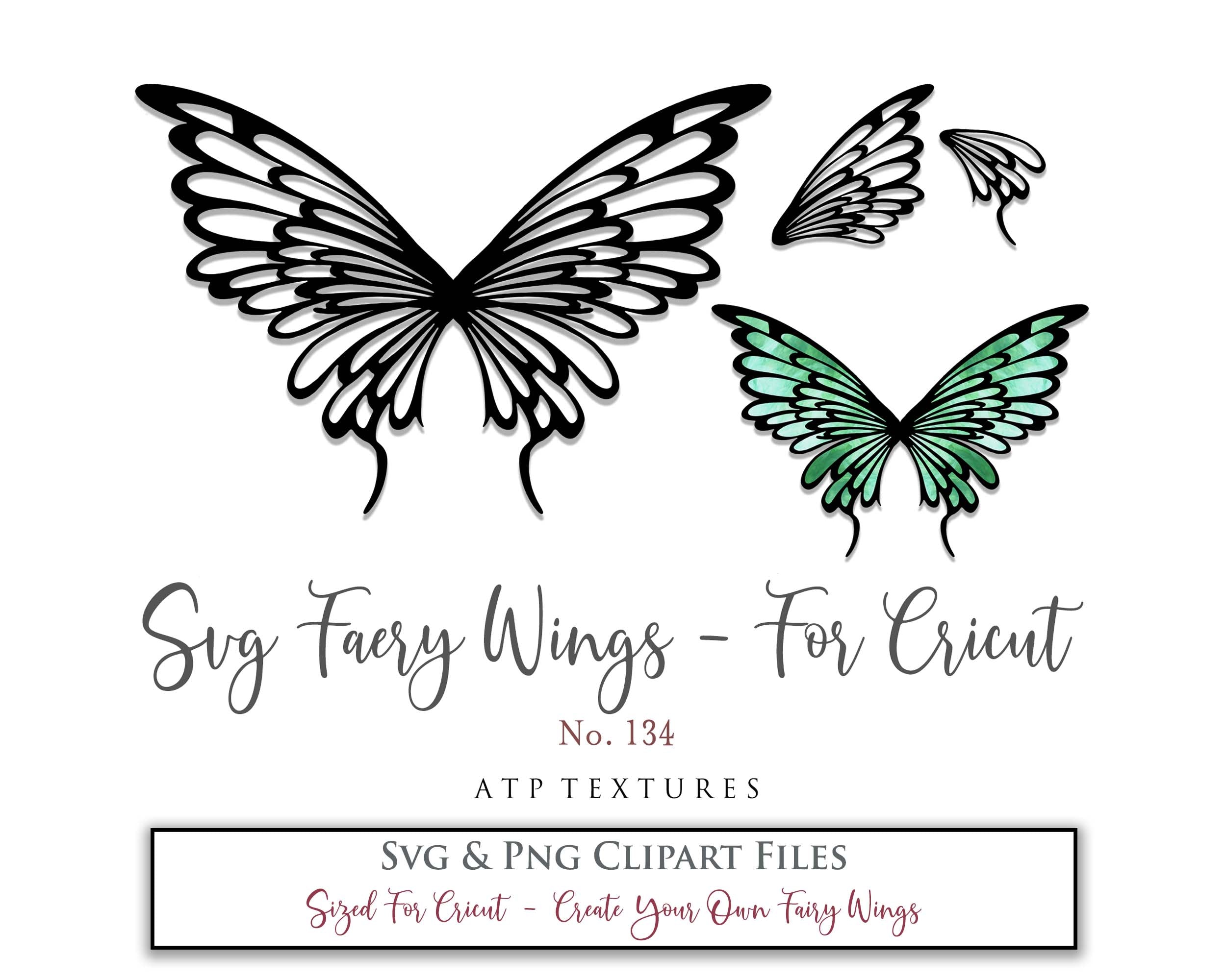 SVG & PNG Fairy/Angel Wing files for Cricut, Silhouette Cameo and other Cutting Machines. Create wearable fairy wings, all sizes. Perfect for Halloween Costumes, Fantasy, Cosplay, Photography. Prints, Wedding, Engagement, Baby Shower invitations, Sublimation Printing, Clip Art and more. Cut and assemble. ATP Textures.