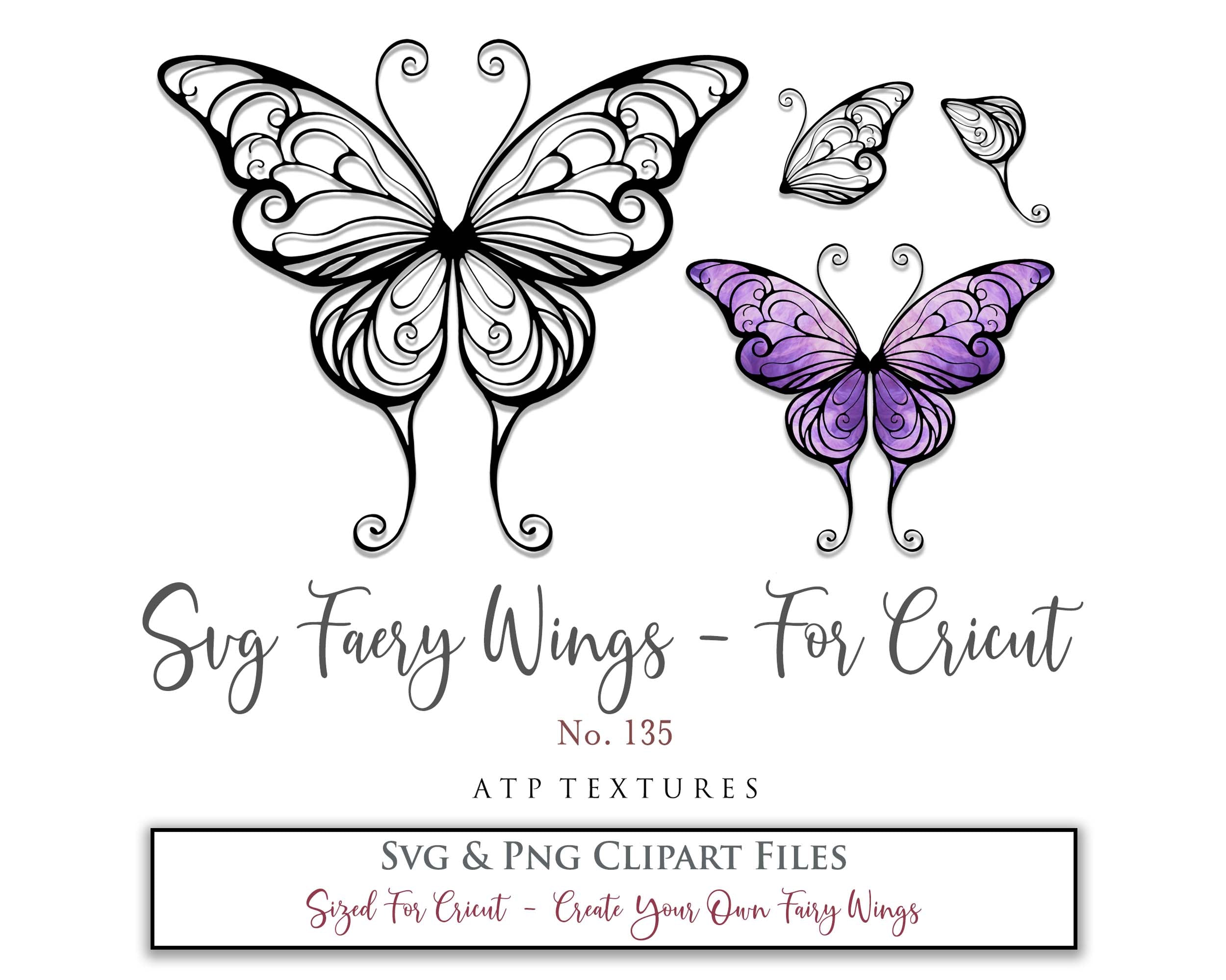 SVG & PNG Fairy/Angel Wing files for Cricut, Silhouette Cameo and other Cutting Machines. Create wearable fairy wings, all sizes. Perfect for Halloween Costumes, Fantasy, Cosplay, Photography. Prints, Wedding, Engagement, Baby Shower invitations, Sublimation Printing, Clip Art and more. Cut and assemble. ATP Textures.