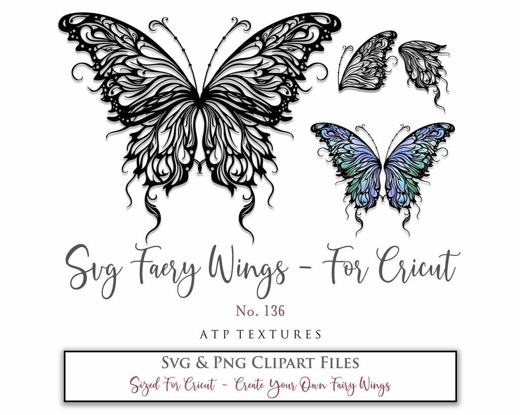 SVG & PNG Fairy/Angel Wing files for Cricut, Silhouette Cameo and other Cutting Machines. Create wearable fairy wings, all sizes. Perfect for Halloween Costumes, Fantasy, Cosplay, Photography. Prints, Wedding, Engagement, Baby Shower invitations, Sublimation Printing, Clip Art and more. Cut and assemble. ATP Textures.