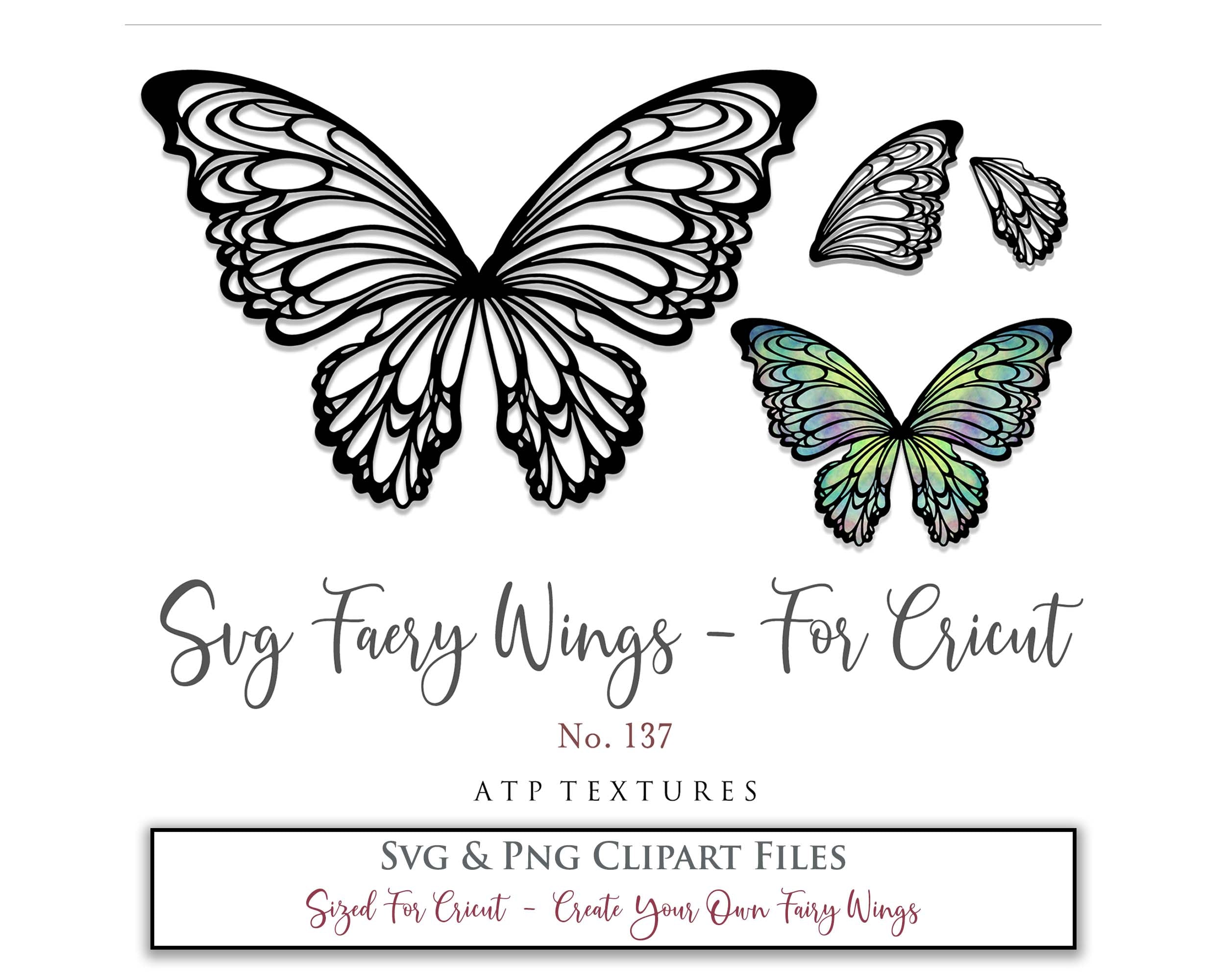 SVG & PNG Fairy/Angel Wing files for Cricut, Silhouette Cameo and other Cutting Machines. Create wearable fairy wings, all sizes. Perfect for Halloween Costumes, Fantasy, Cosplay, Photography. Prints, Wedding, Engagement, Baby Shower invitations, Sublimation Printing, Clip Art and more. Cut and assemble. ATP Textures.