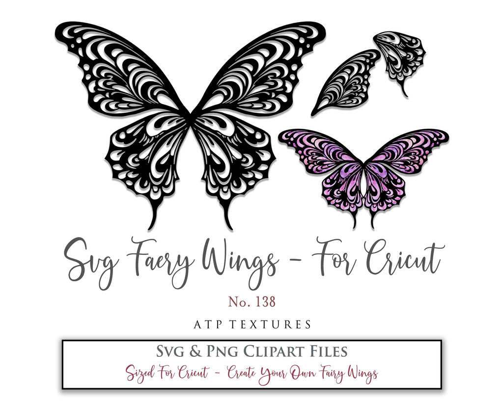 SVG & PNG Fairy/Angel Wing files for Cricut, Silhouette Cameo and other Cutting Machines. Create wearable fairy wings, all sizes. Perfect for Halloween Costumes, Fantasy, Cosplay, Photography. Prints, Wedding, Engagement, Baby Shower invitations, Sublimation Printing, Clip Art and more. Cut and assemble. ATP Textures.