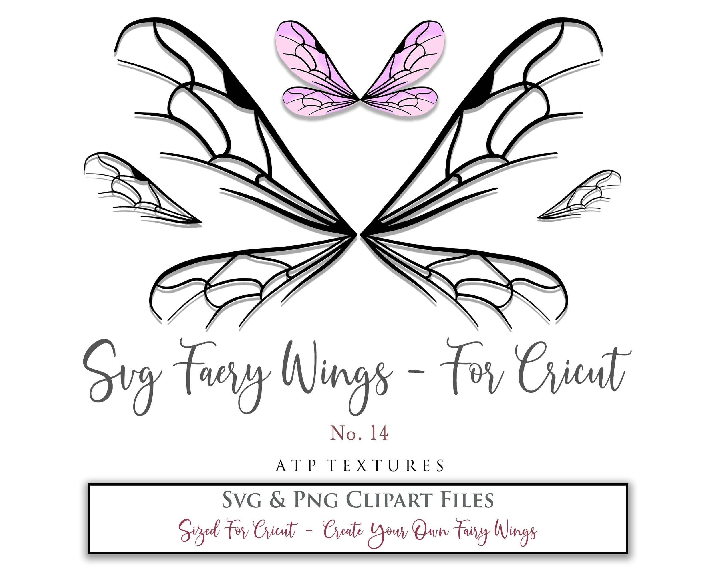 SVG & PNG Fairy/Angel Wing files for Cricut, Silhouette Cameo and other Cutting Machines. Create wearable fairy wings, all sizes. Perfect for Halloween Costumes, Fantasy, Cosplay, Photography. Prints, Wedding, Engagement, Baby Shower invitations, Sublimation Printing, Clip Art and more. Cut and assemble. ATP Textures.