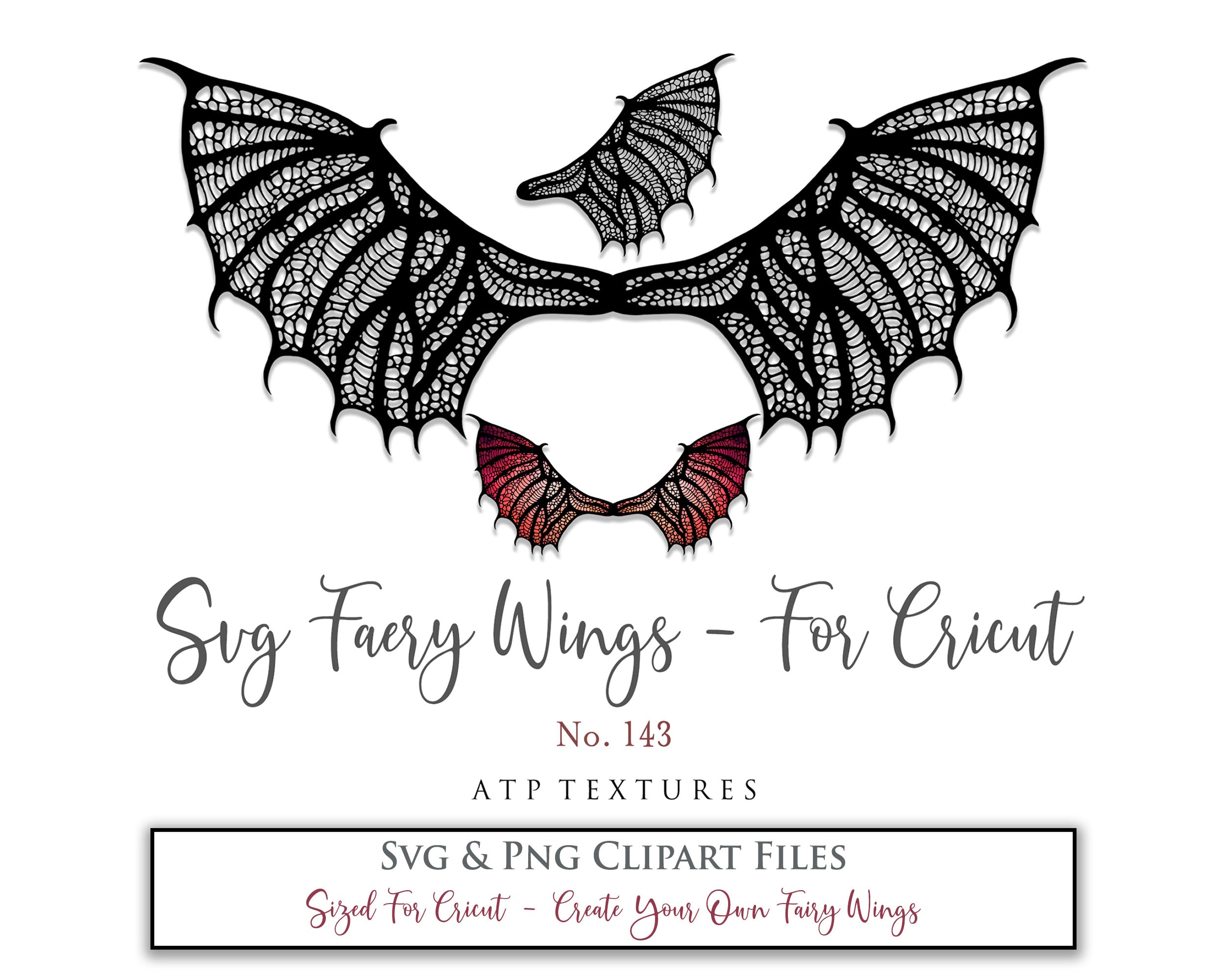 SVG & PNG Fairy/Angel Wing files for Cricut, Silhouette Cameo and other Cutting Machines. Create wearable fairy wings, all sizes. Perfect for Halloween Costumes, Fantasy, Cosplay, Photography. Prints, Wedding, Engagement, Baby Shower invitations, Sublimation Printing, Clip Art and more. Cut and assemble. ATP Textures. 