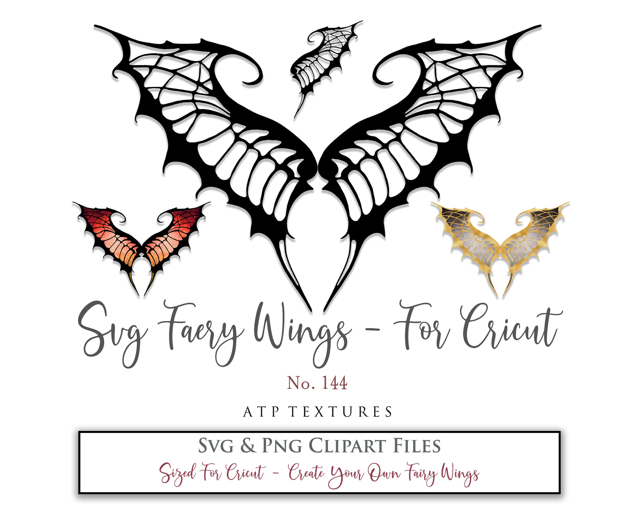 SVG & PNG Fairy/Angel Wing files for Cricut, Silhouette Cameo and other Cutting Machines. Create wearable fairy wings, all sizes. Perfect for Halloween Costumes, Fantasy, Cosplay, Photography. Prints, Wedding, Engagement, Baby Shower invitations, Sublimation Printing, Clip Art and more. Cut and assemble. ATP Textures. 