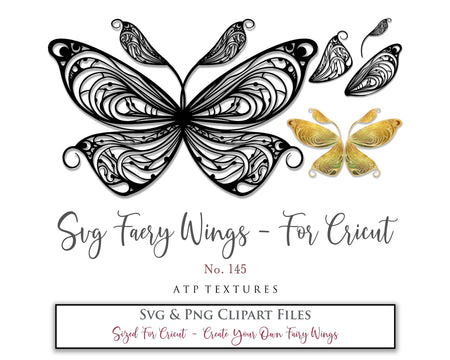 SVG & PNG Fairy/Angel Wing files for Cricut, Silhouette Cameo and other Cutting Machines. Create wearable fairy wings, all sizes. Perfect for Halloween Costumes, Fantasy, Cosplay, Photography. Prints, Wedding, Engagement, Baby Shower invitations, Sublimation Printing, Clip Art and more. Cut and assemble. ATP Textures.