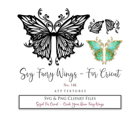 SVG & PNG Fairy/Angel Wing files for Cricut, Silhouette Cameo and other Cutting Machines. Create wearable fairy wings, all sizes. Perfect for Halloween Costumes, Fantasy, Cosplay, Photography. Prints, Wedding, Engagement, Baby Shower invitations, Sublimation Printing, Clip Art and more. Cut and assemble. ATP Textures.