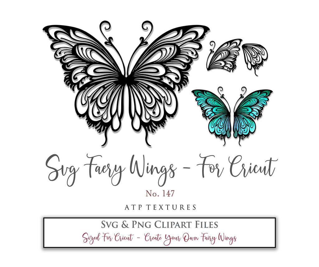 SVG & PNG Fairy/Angel Wing files for Cricut, Silhouette Cameo and other Cutting Machines. Create wearable fairy wings, all sizes. Perfect for Halloween Costumes, Fantasy, Cosplay, Photography. Prints, Wedding, Engagement, Baby Shower invitations, Sublimation Printing, Clip Art and more. Cut and assemble. ATP Textures.