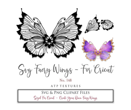 SVG & PNG Fairy/Angel Wing files for Cricut, Silhouette Cameo and other Cutting Machines. Create wearable fairy wings, all sizes. Perfect for Halloween Costumes, Fantasy, Cosplay, Photography. Prints, Wedding, Engagement, Baby Shower invitations, Sublimation Printing, Clip Art and more. Cut and assemble. ATP Textures.