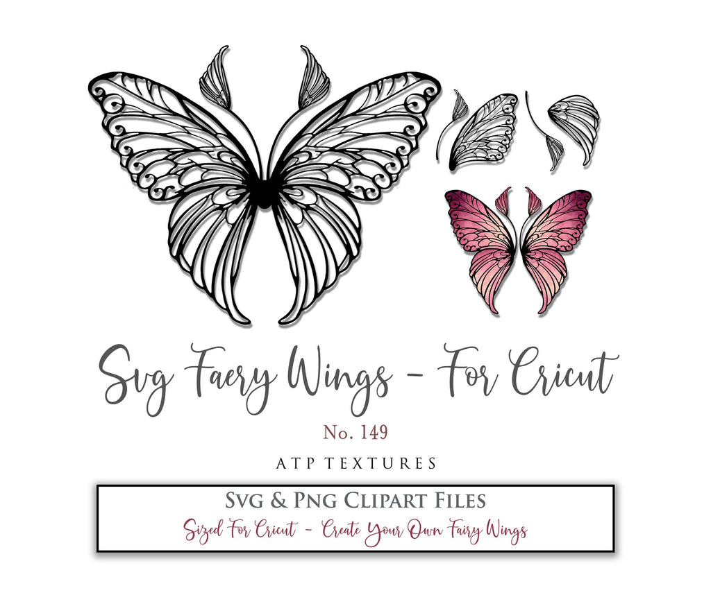 SVG & PNG Fairy/Angel Wing files for Cricut, Silhouette Cameo and other Cutting Machines. Create wearable fairy wings, all sizes. Perfect for Halloween Costumes, Fantasy, Cosplay, Photography. Prints, Wedding, Engagement, Baby Shower invitations, Sublimation Printing, Clip Art and more. Cut and assemble. ATP Textures.