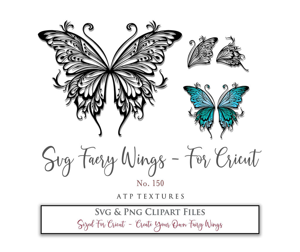 SVG & PNG Fairy/Angel Wing files for Cricut, Silhouette Cameo and other Cutting Machines. Create wearable fairy wings, all sizes. Perfect for Halloween Costumes, Fantasy, Cosplay, Photography. Prints, Wedding, Engagement, Baby Shower invitations, Sublimation Printing, Clip Art and more. Cut and assemble. ATP Textures.