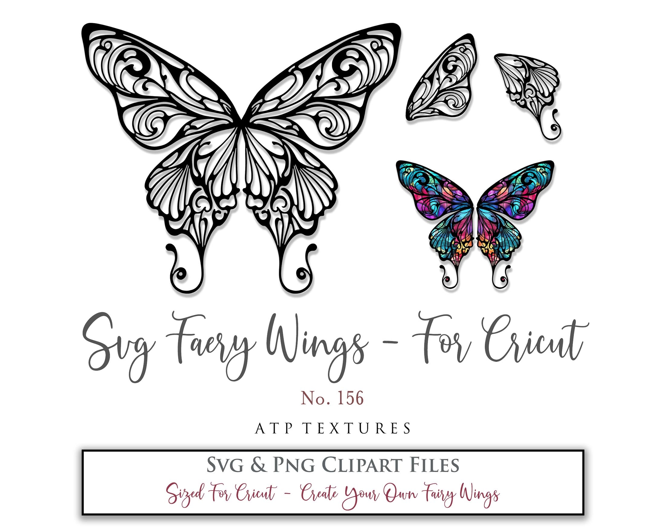 SVG & PNG Fairy/Angel Wing files for Cricut, Silhouette Cameo and other Cutting Machines. Create wearable fairy wings, all sizes. Perfect for Halloween Costumes, Fantasy, Cosplay, Photography. Prints, Wedding, Engagement, Baby Shower invitations, Sublimation Printing, Clip Art and more. Cut and assemble. ATP Textures.