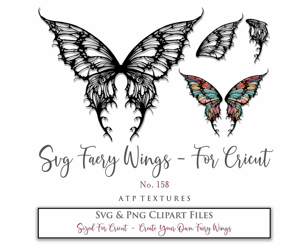 SVG & PNG Fairy/Angel Wing files for Cricut, Silhouette Cameo and other Cutting Machines. Create wearable fairy wings, all sizes. Perfect for Halloween Costumes, Fantasy, Cosplay, Photography. Prints, Wedding, Engagement, Baby Shower invitations, Sublimation Printing, Clip Art and more. Cut and assemble. ATP Textures.