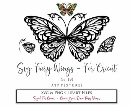 SVG & PNG Fairy/Angel Wing files for Cricut, Silhouette Cameo and other Cutting Machines. Create wearable fairy wings, all sizes. Perfect for Halloween Costumes, Fantasy, Cosplay, Photography. Prints, Wedding, Engagement, Baby Shower invitations, Sublimation Printing, Clip Art and more. Cut and assemble. ATP Textures.