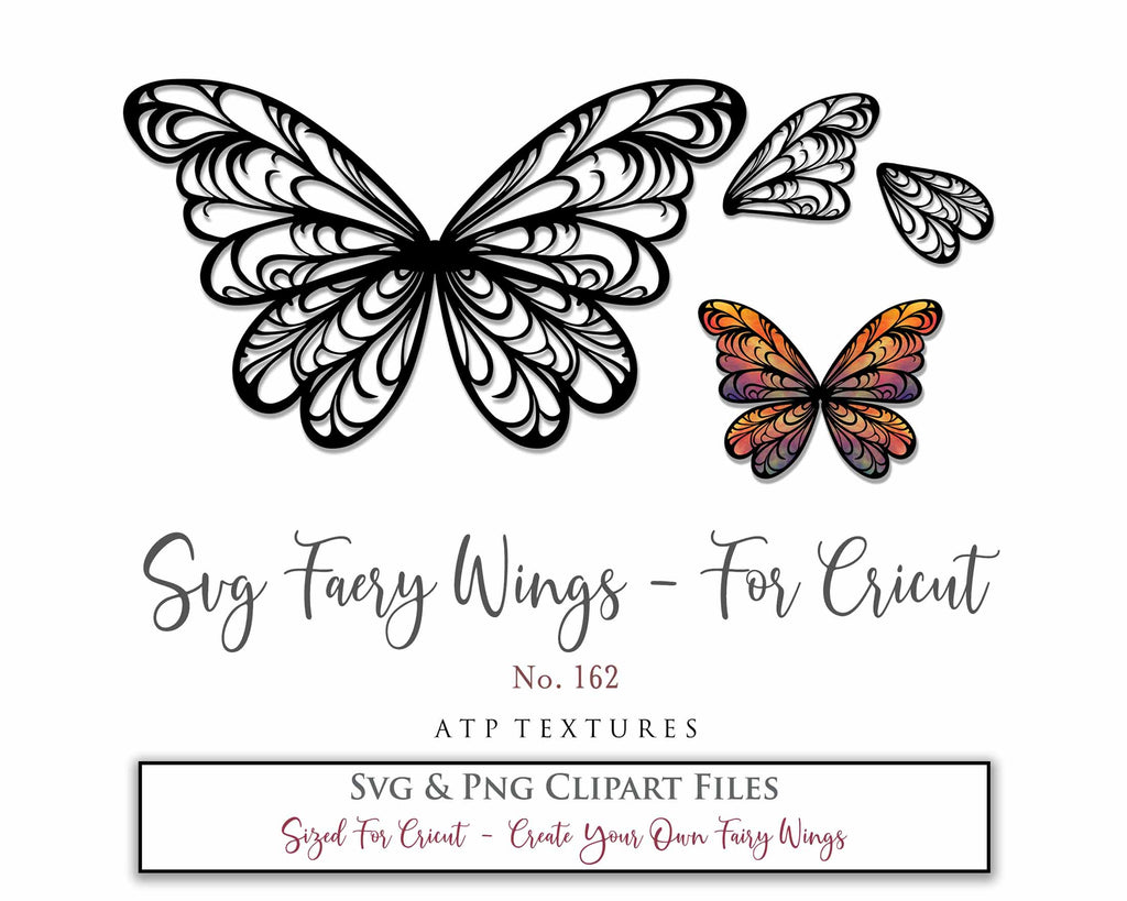 SVG & PNG Fairy/Angel Wing files for Cricut, Silhouette Cameo and other Cutting Machines. Create wearable fairy wings, all sizes. Perfect for Halloween Costumes, Fantasy, Cosplay, Photography. Prints, Wedding, Engagement, Baby Shower invitations, Sublimation Printing, Clip Art and more. Cut and assemble. ATP Textures.