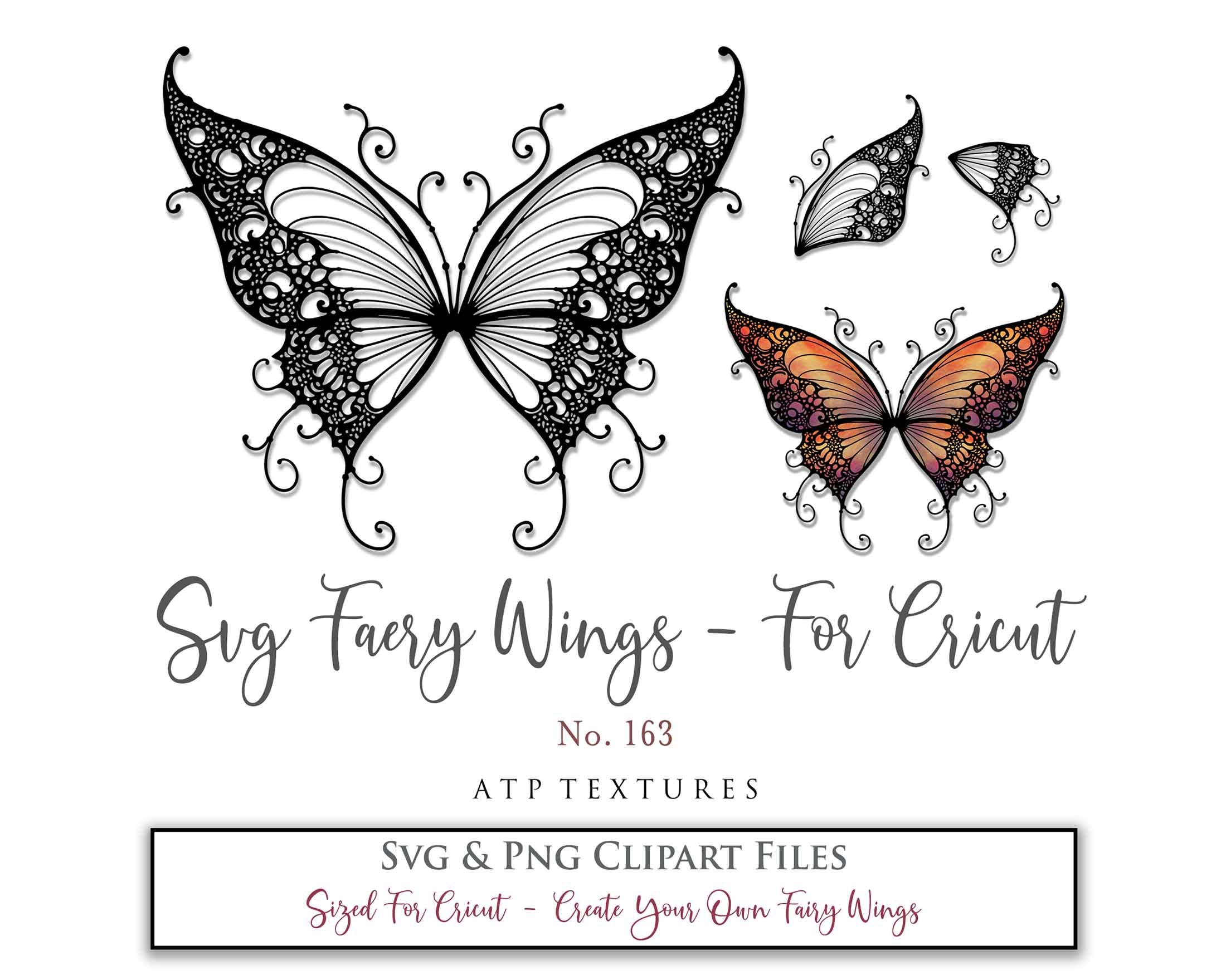 SVG & PNG Fairy/Angel Wing files for Cricut, Silhouette Cameo and other Cutting Machines. Create wearable fairy wings, all sizes. Perfect for Halloween Costumes, Fantasy, Cosplay, Photography. Prints, Wedding, Engagement, Baby Shower invitations, Sublimation Printing, Clip Art and more. Cut and assemble. ATP Textures.