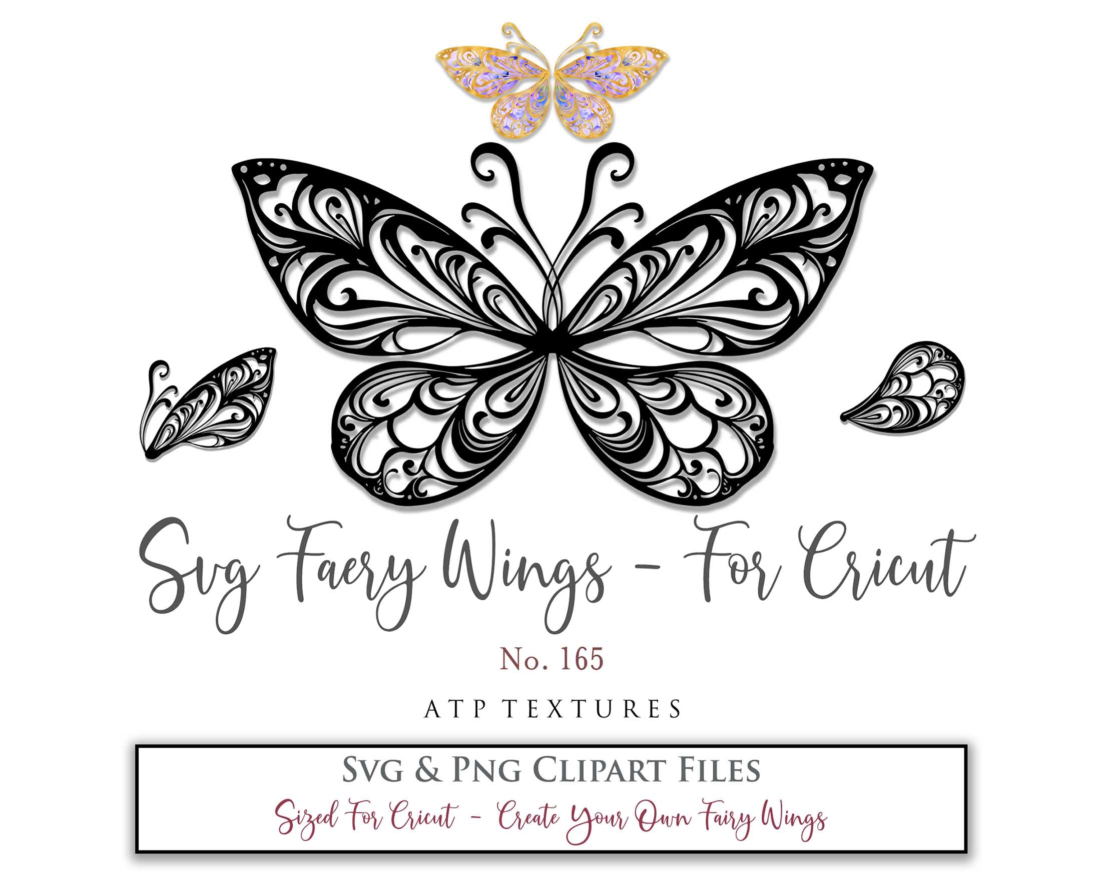 SVG & PNG Fairy/Angel Wing files for Cricut, Silhouette Cameo and other Cutting Machines. Create wearable fairy wings, all sizes. Perfect for Halloween Costumes, Fantasy, Cosplay, Photography. Prints, Wedding, Engagement, Baby Shower invitations, Sublimation Printing, Clip Art and more. Cut and assemble. ATP Textures.