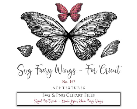 SVG & PNG Fairy/Angel Wing files for Cricut, Silhouette Cameo and other Cutting Machines. Create wearable fairy wings, all sizes. Perfect for Halloween Costumes, Fantasy, Cosplay, Photography. Prints, Wedding, Engagement, Baby Shower invitations, Sublimation Printing, Clip Art and more. Cut and assemble. ATP Textures.