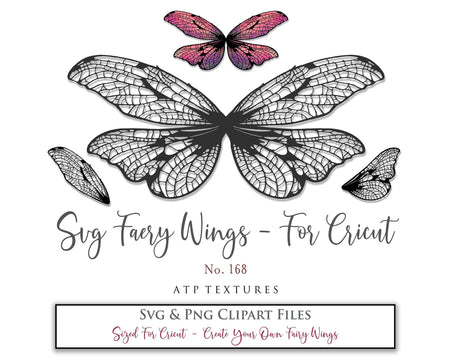 SVG & PNG Fairy/Angel Wing files for Cricut, Silhouette Cameo and other Cutting Machines. Create wearable fairy wings, all sizes. Perfect for Halloween Costumes, Fantasy, Cosplay, Photography. Prints, Wedding, Engagement, Baby Shower invitations, Sublimation Printing, Clip Art and more. Cut and assemble. ATP Textures.