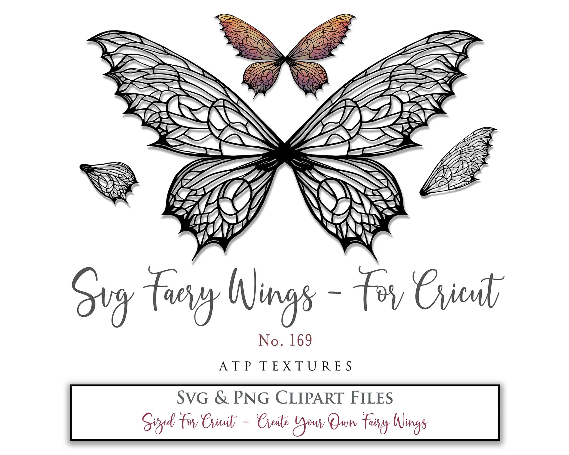 SVG & PNG Fairy/Angel Wing files for Cricut, Silhouette Cameo and other Cutting Machines. Create wearable fairy wings, all sizes. Perfect for Halloween Costumes, Fantasy, Cosplay, Photography. Prints, Wedding, Engagement, Baby Shower invitations, Sublimation Printing, Clip Art and more. Cut and assemble. ATP Textures.