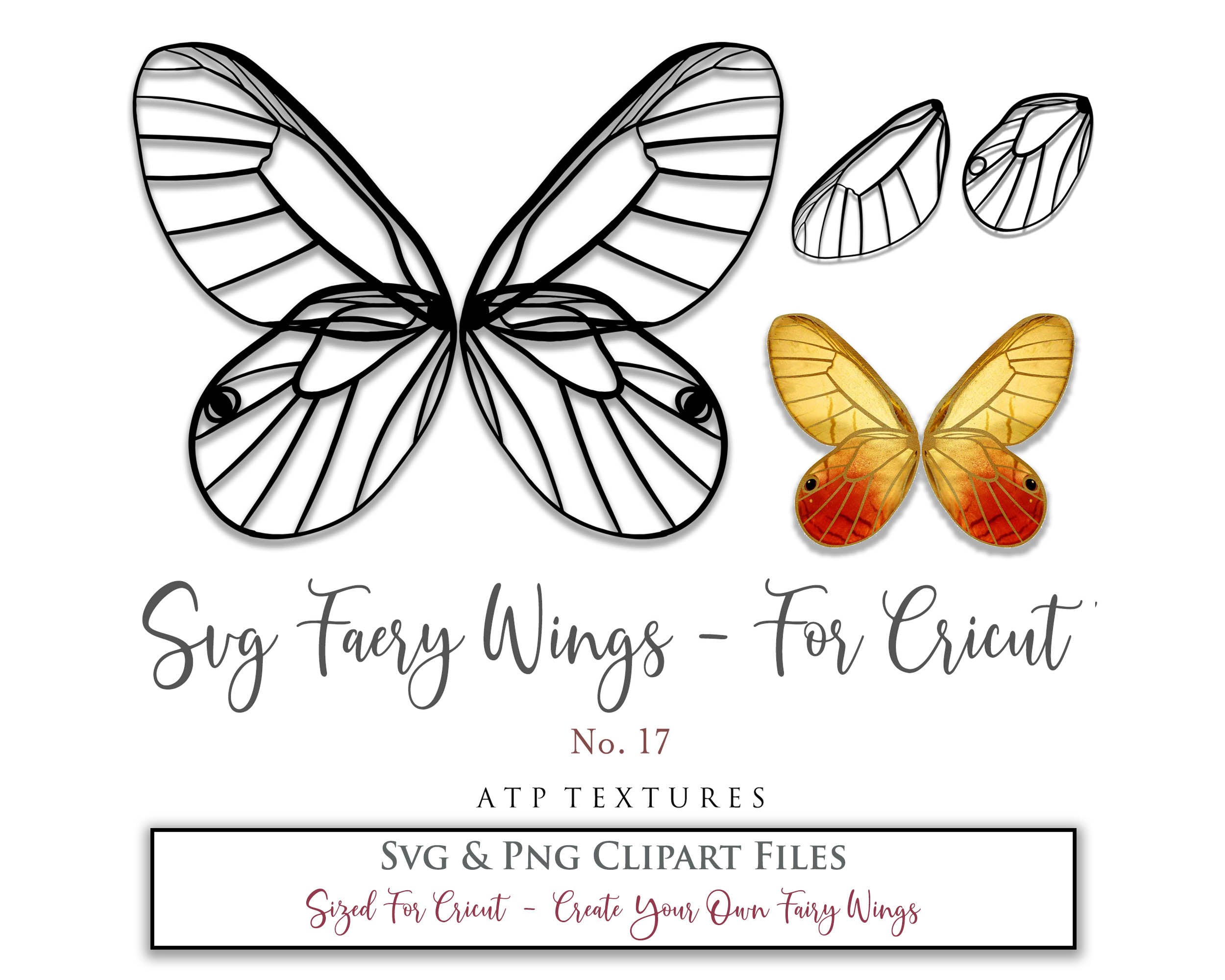 SVG & PNG Fairy/Angel Wing files for Cricut, Silhouette Cameo and other Cutting Machines. Create wearable fairy wings, all sizes. Perfect for Halloween Costumes, Fantasy, Cosplay, Photography. Prints, Wedding, Engagement, Baby Shower invitations, Sublimation Printing, Clip Art and more. Cut and assemble. ATP Textures.