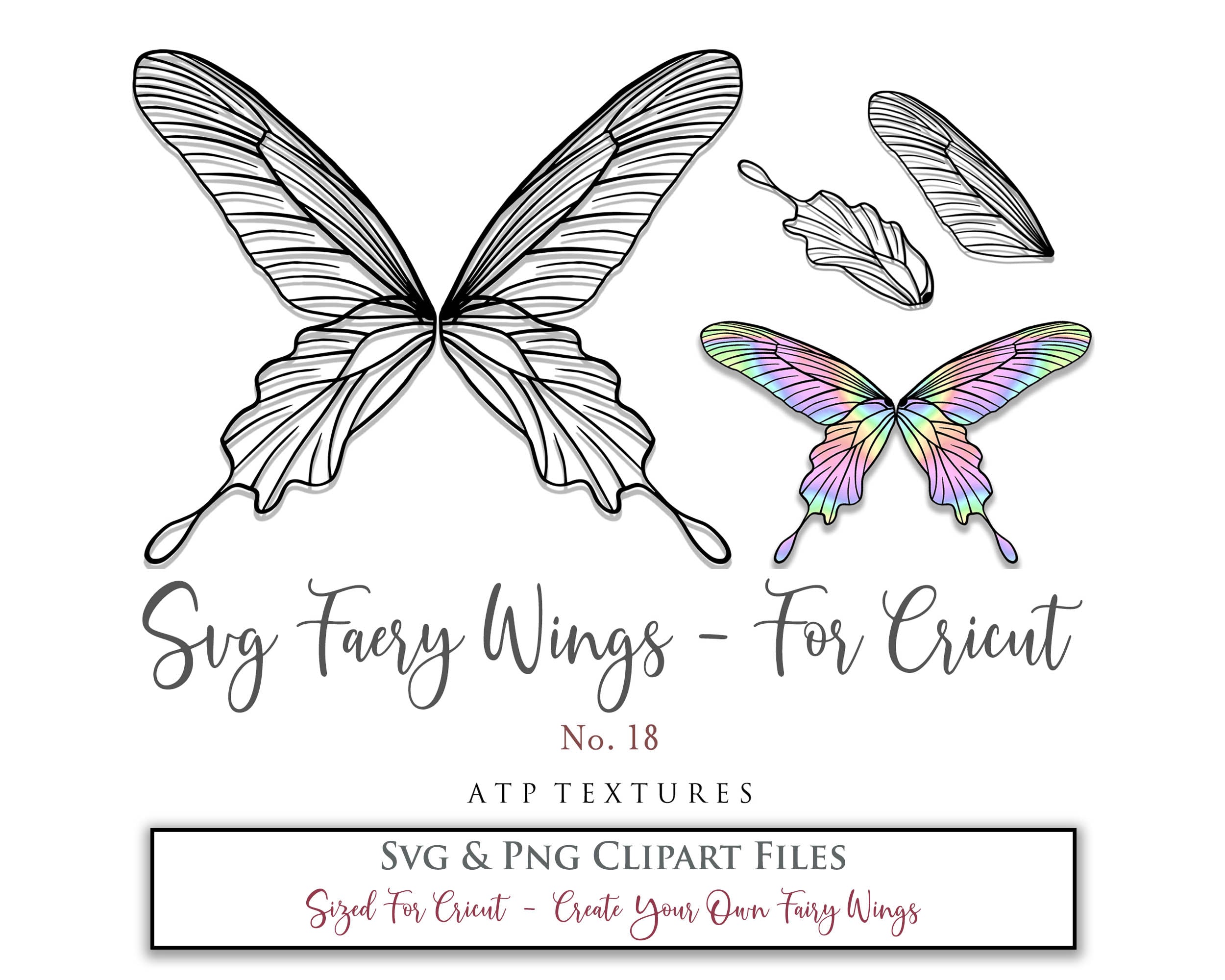 SVG & PNG Fairy/Angel Wing files for Cricut, Silhouette Cameo and other Cutting Machines. Create wearable fairy wings, all sizes. Perfect for Halloween Costumes, Fantasy, Cosplay, Photography. Prints, Wedding, Engagement, Baby Shower invitations, Sublimation Printing, Clip Art and more. Cut and assemble. ATP Textures.