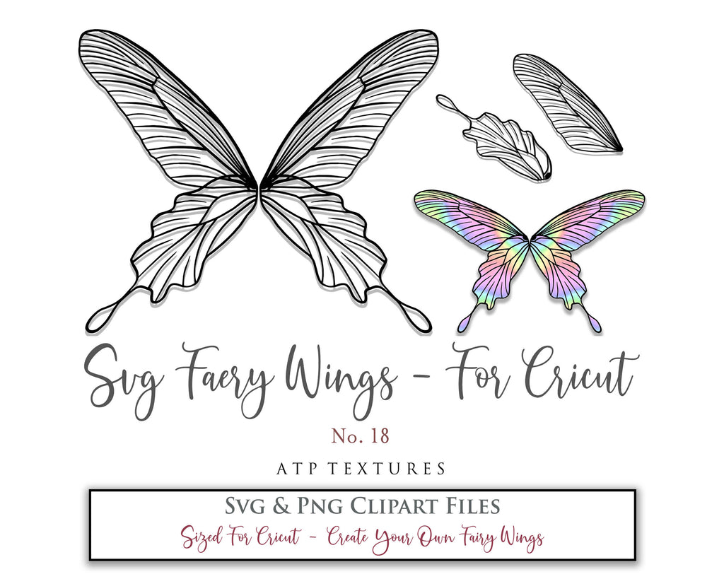 SVG & PNG Fairy/Angel Wing files for Cricut, Silhouette Cameo and other Cutting Machines. Create wearable fairy wings, all sizes. Perfect for Halloween Costumes, Fantasy, Cosplay, Photography. Prints, Wedding, Engagement, Baby Shower invitations, Sublimation Printing, Clip Art and more. Cut and assemble. ATP Textures.