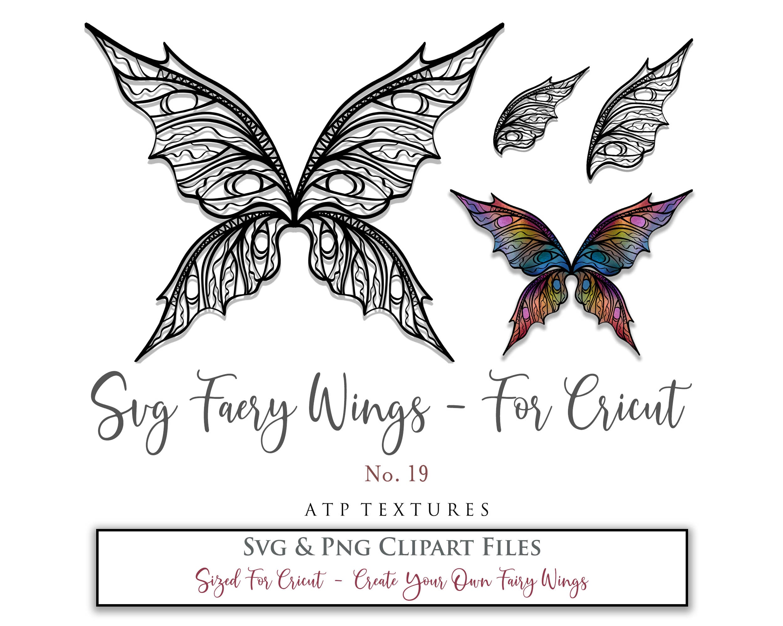 SVG & PNG Fairy/Angel Wing files for Cricut, Silhouette Cameo and other Cutting Machines. Create wearable fairy wings, all sizes. Perfect for Halloween Costumes, Fantasy, Cosplay, Photography. Prints, Wedding, Engagement, Baby Shower invitations, Sublimation Printing, Clip Art and more. Cut and assemble. ATP Textures.