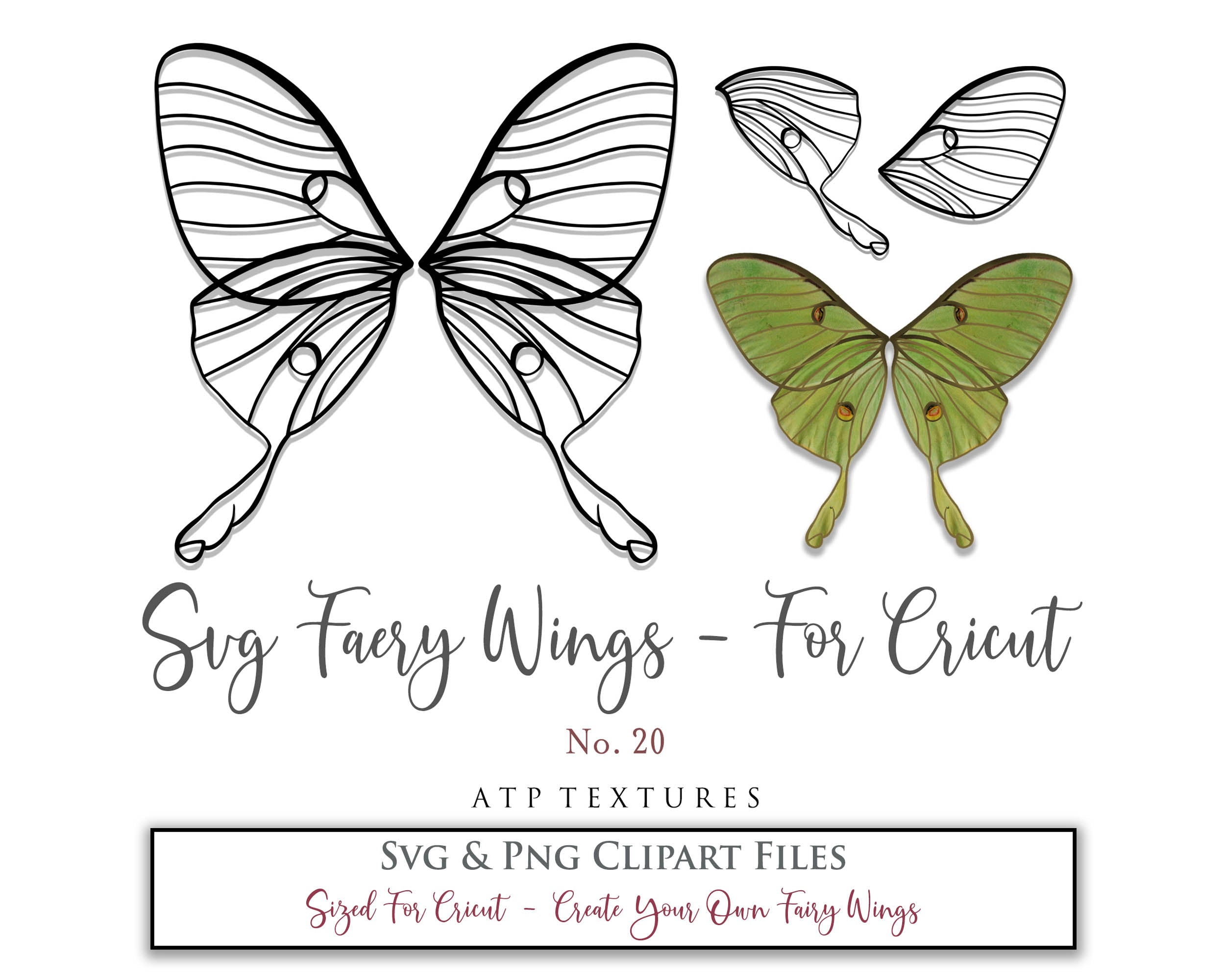 SVG & PNG Fairy/Angel Wing files for Cricut, Silhouette Cameo and other Cutting Machines. Create wearable fairy wings, all sizes. Perfect for Halloween Costumes, Fantasy, Cosplay, Photography. Prints, Wedding, Engagement, Baby Shower invitations, Sublimation Printing, Clip Art and more. Cut and assemble. ATP Textures.