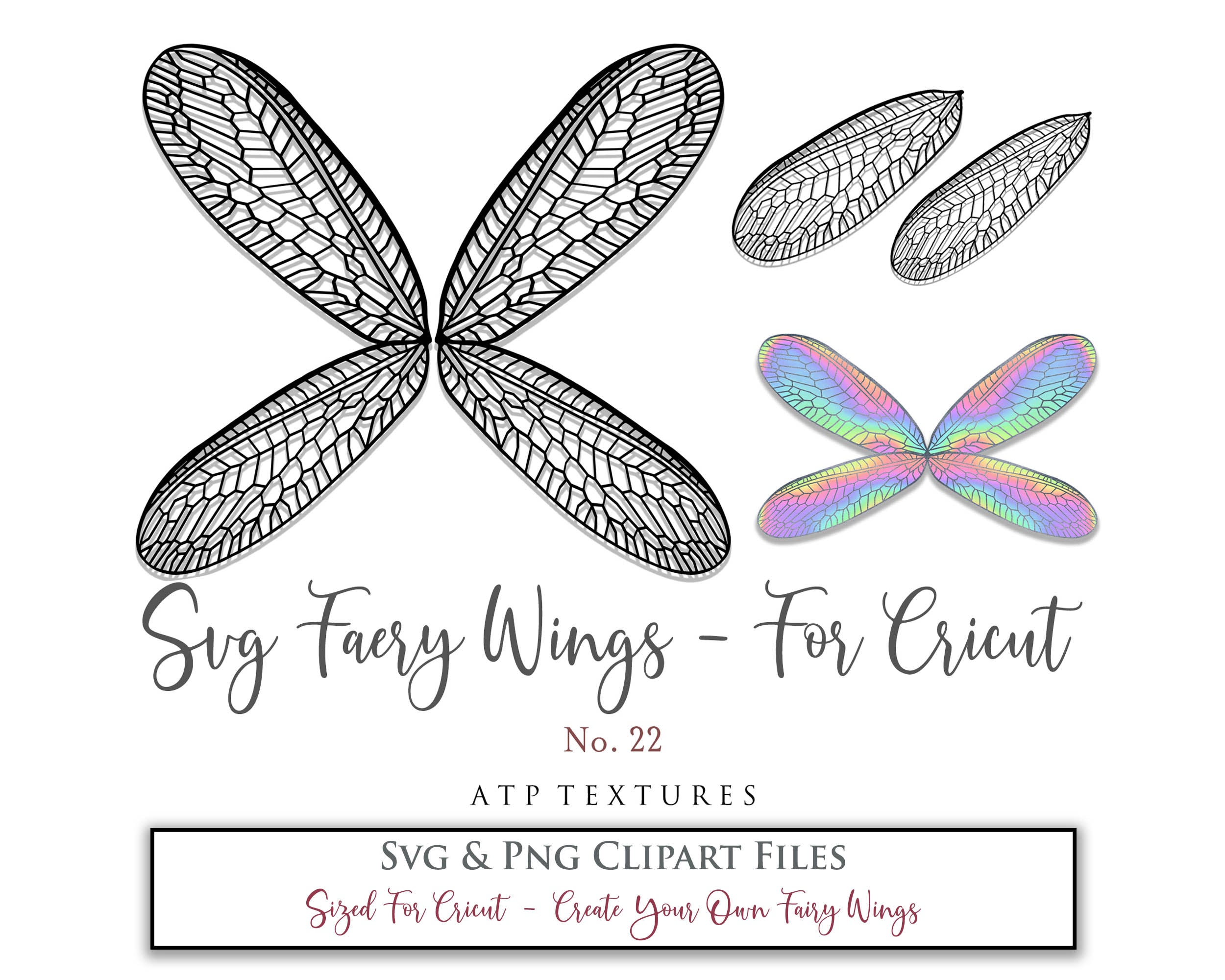 SVG & PNG Fairy/Angel Wing files for Cricut, Silhouette Cameo and other Cutting Machines. Create wearable fairy wings, all sizes. Perfect for Halloween Costumes, Fantasy, Cosplay, Photography. Prints, Wedding, Engagement, Baby Shower invitations, Sublimation Printing, Clip Art and more. Cut and assemble. ATP Textures.