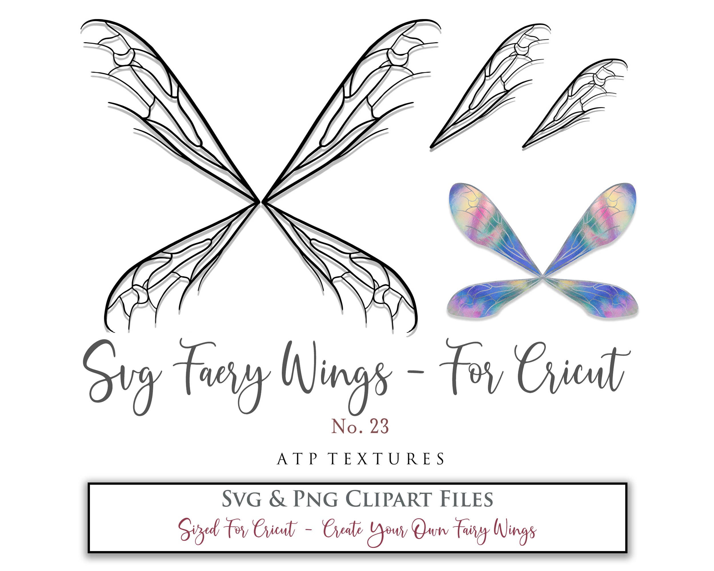 SVG & PNG Fairy/Angel Wing files for Cricut, Silhouette Cameo and other Cutting Machines. Create wearable fairy wings, all sizes. Perfect for Halloween Costumes, Fantasy, Cosplay, Photography. Prints, Wedding, Engagement, Baby Shower invitations, Sublimation Printing, Clip Art and more. Cut and assemble. ATP Textures.