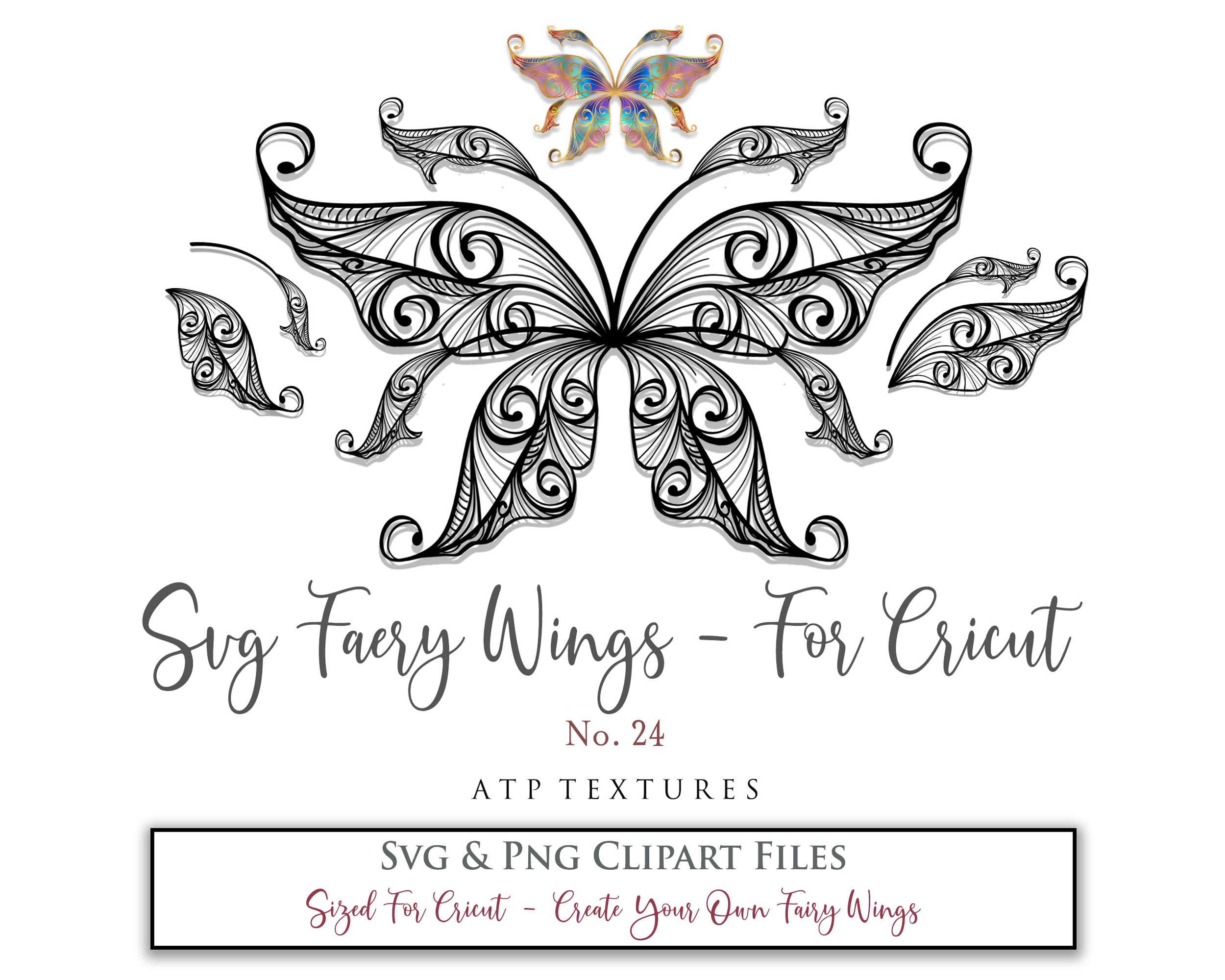 SVG & PNG Fairy/Angel Wing files for Cricut, Silhouette Cameo and other Cutting Machines. Create wearable fairy wings, all sizes. Perfect for Halloween Costumes, Fantasy, Cosplay, Photography. Prints, Wedding, Engagement, Baby Shower invitations, Sublimation Printing, Clip Art and more. Cut and assemble. ATP Textures.