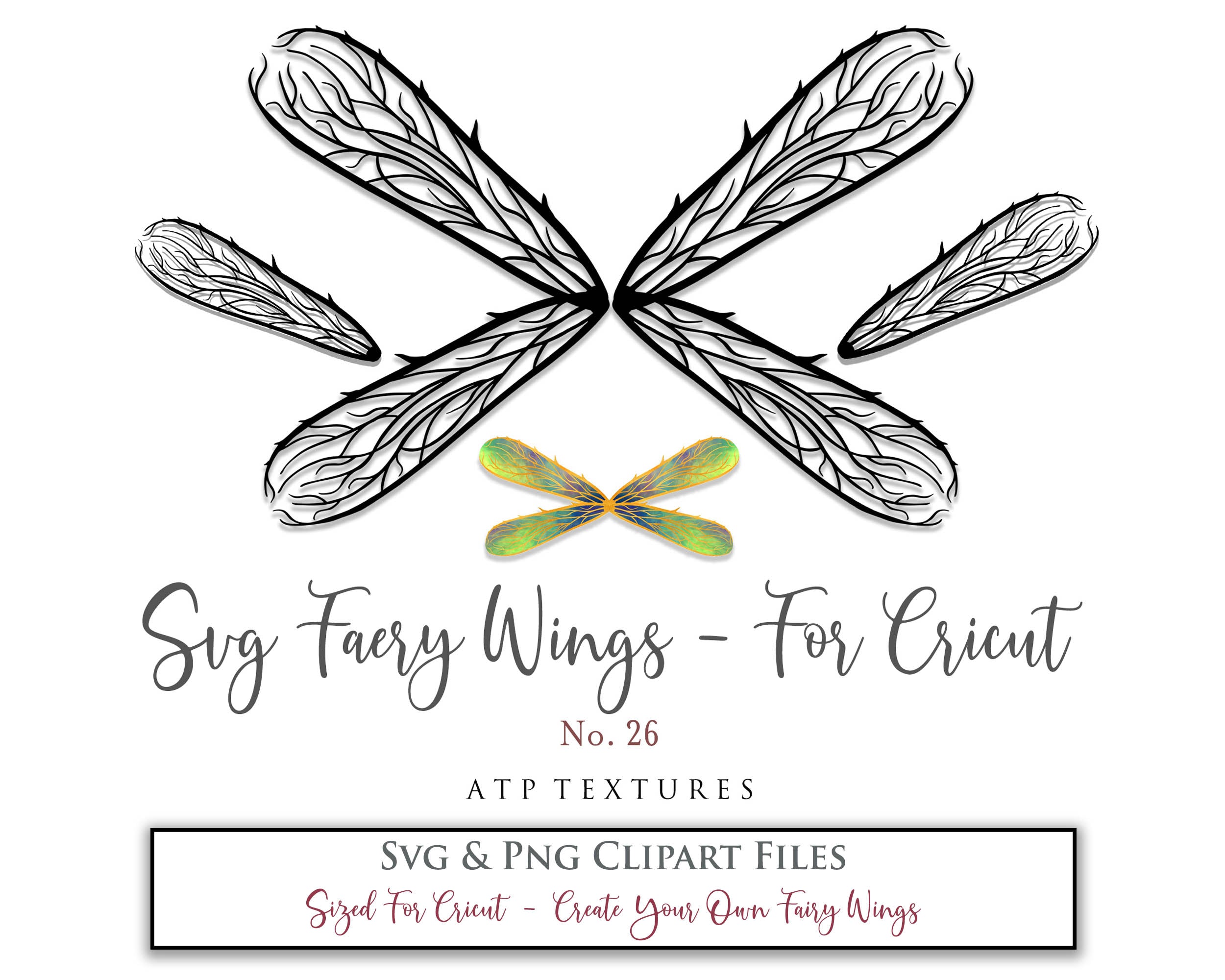 SVG & PNG Fairy/Angel Wing files for Cricut, Silhouette Cameo and other Cutting Machines. Create wearable fairy wings, all sizes. Perfect for Halloween Costumes, Fantasy, Cosplay, Photography. Prints, Wedding, Engagement, Baby Shower invitations, Sublimation Printing, Clip Art and more. Cut and assemble. ATP Textures.