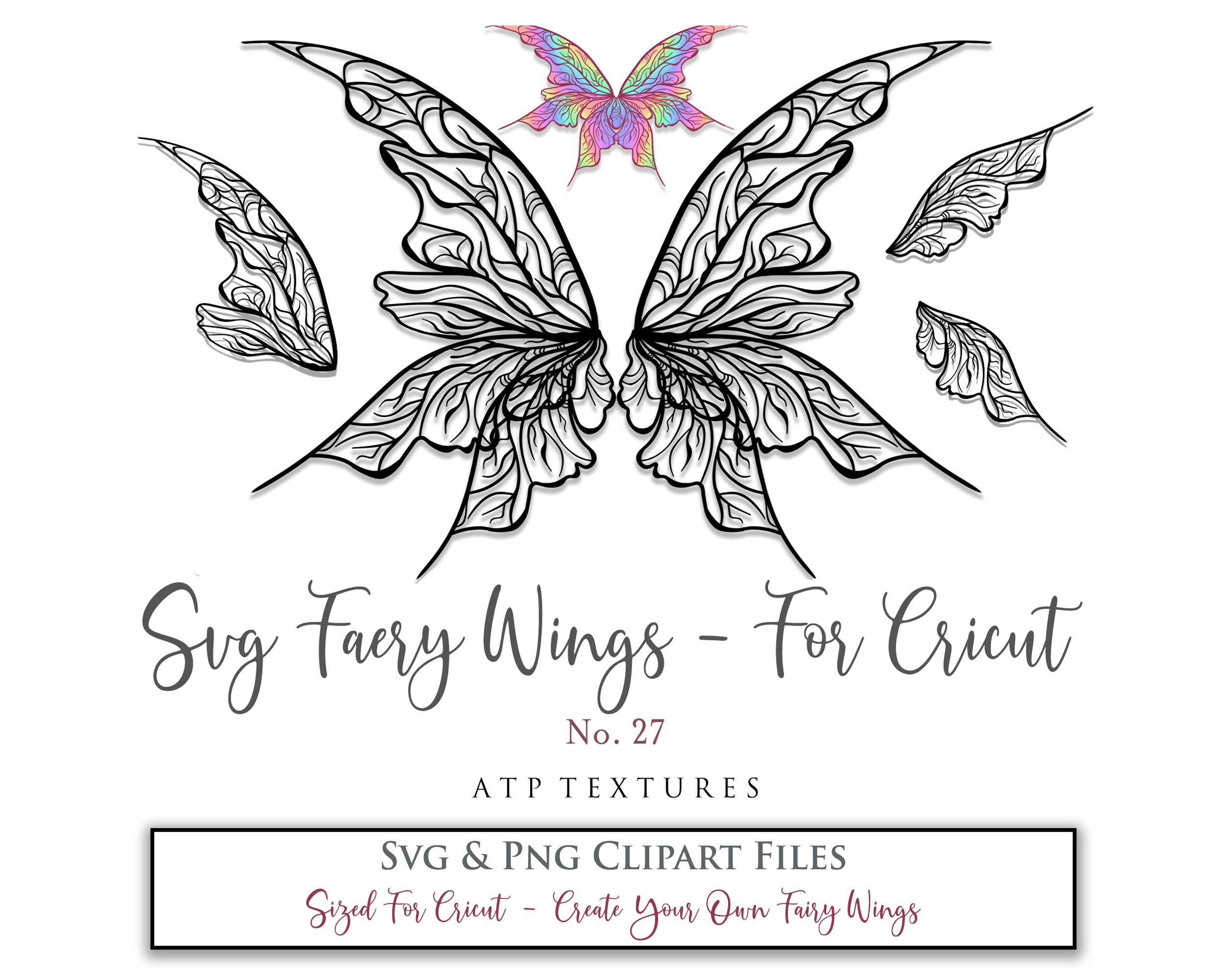 SVG & PNG Fairy/Angel Wing files for Cricut, Silhouette Cameo and other Cutting Machines. Create wearable fairy wings, all sizes. Perfect for Halloween Costumes, Fantasy, Cosplay, Photography. Prints, Wedding, Engagement, Baby Shower invitations, Sublimation Printing, Clip Art and more. Cut and assemble. ATP Textures.