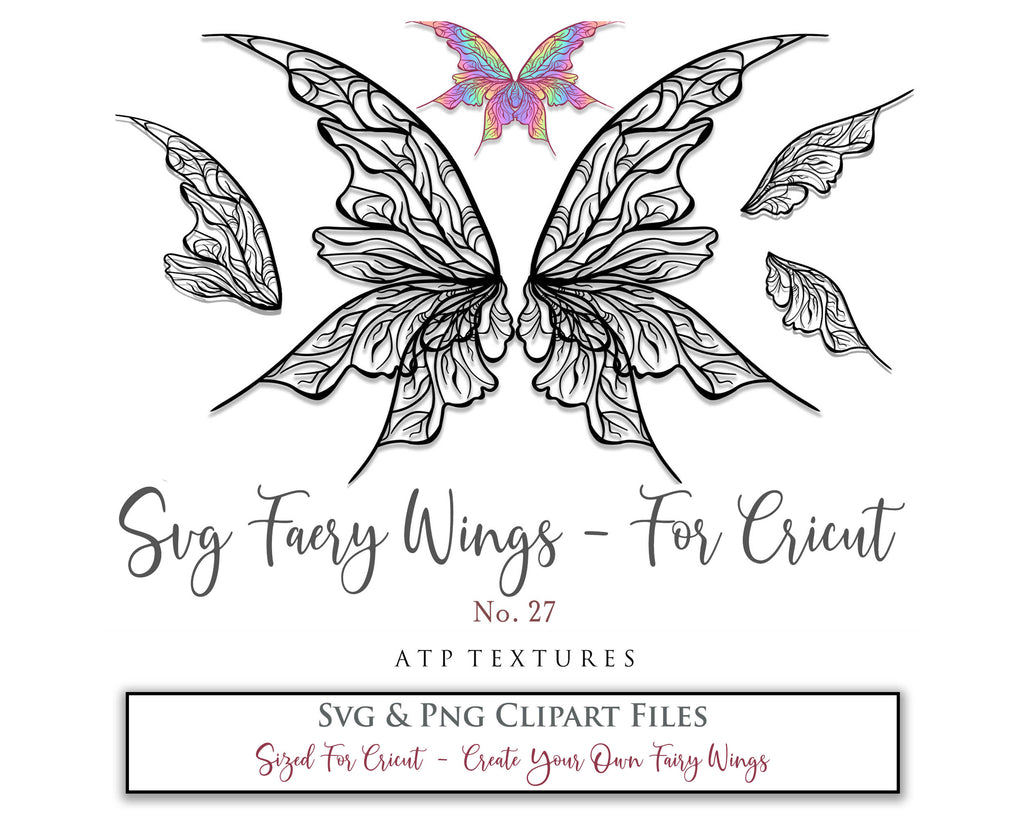 SVG & PNG Fairy/Angel Wing files for Cricut, Silhouette Cameo and other Cutting Machines. Create wearable fairy wings, all sizes. Perfect for Halloween Costumes, Fantasy, Cosplay, Photography. Prints, Wedding, Engagement, Baby Shower invitations, Sublimation Printing, Clip Art and more. Cut and assemble. ATP Textures.