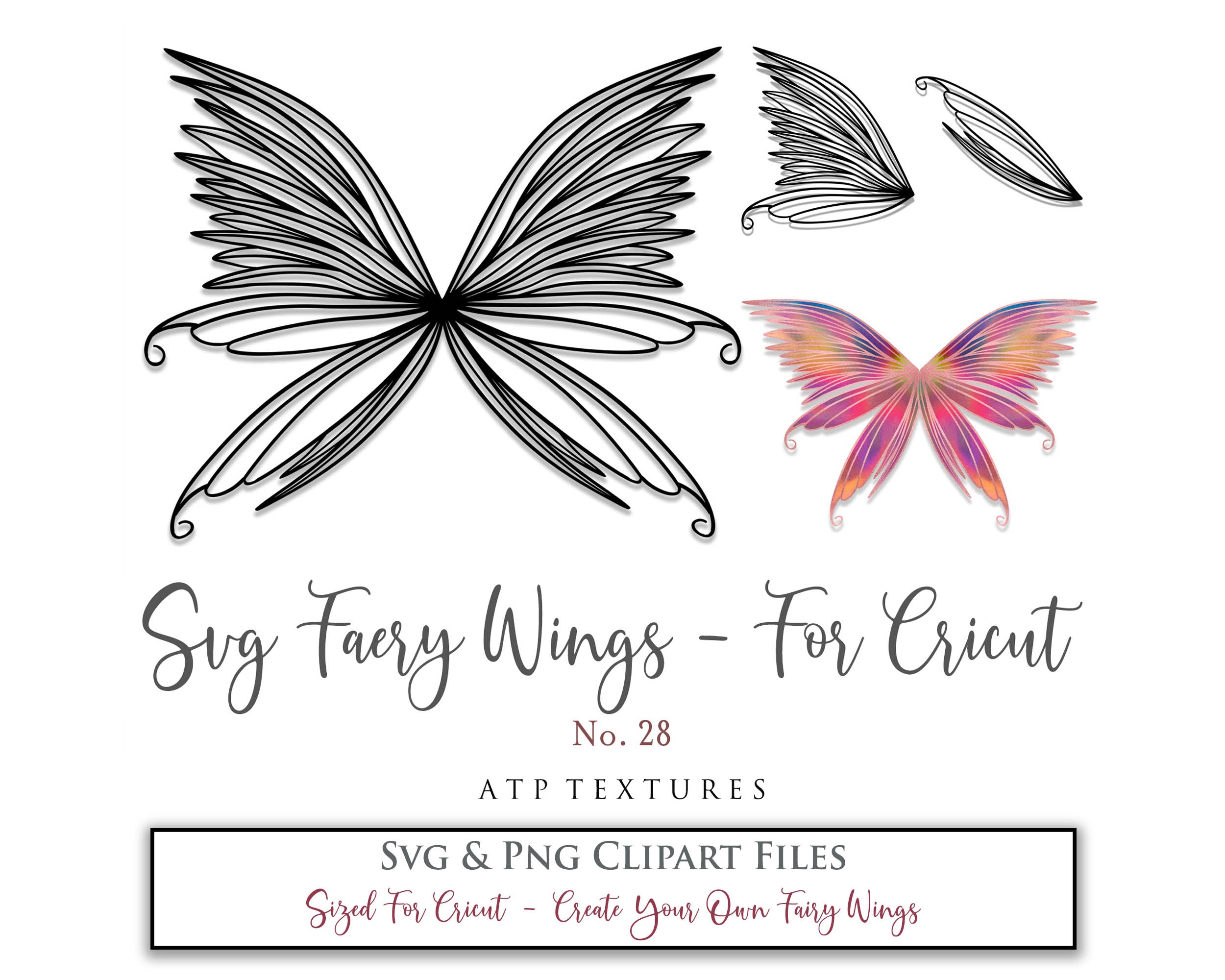 SVG & PNG Fairy/Angel Wing files for Cricut, Silhouette Cameo and other Cutting Machines. Create wearable fairy wings, all sizes. Perfect for Halloween Costumes, Fantasy, Cosplay, Photography. Prints, Wedding, Engagement, Baby Shower invitations, Sublimation Printing, Clip Art and more. Cut and assemble. ATP Textures.