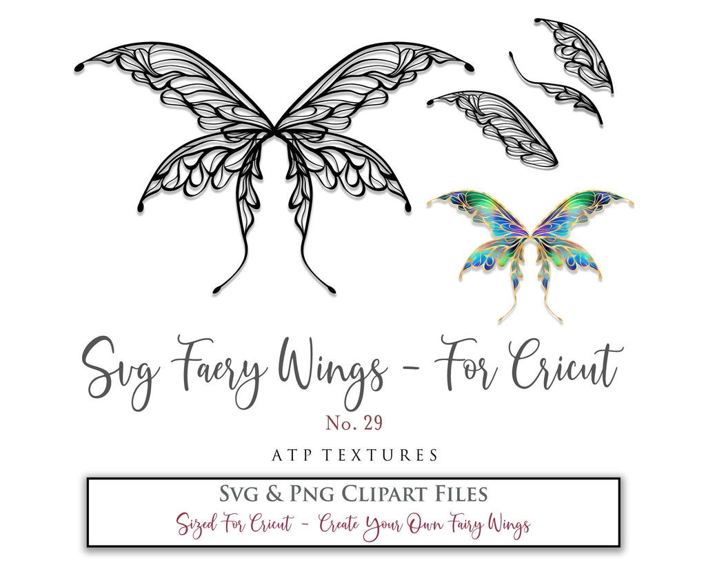 SVG & PNG Fairy/Angel Wing files for Cricut, Silhouette Cameo and other Cutting Machines. Create wearable fairy wings, all sizes. Perfect for Halloween Costumes, Fantasy, Cosplay, Photography. Prints, Wedding, Engagement, Baby Shower invitations, Sublimation Printing, Clip Art and more. Cut and assemble. ATP Textures.