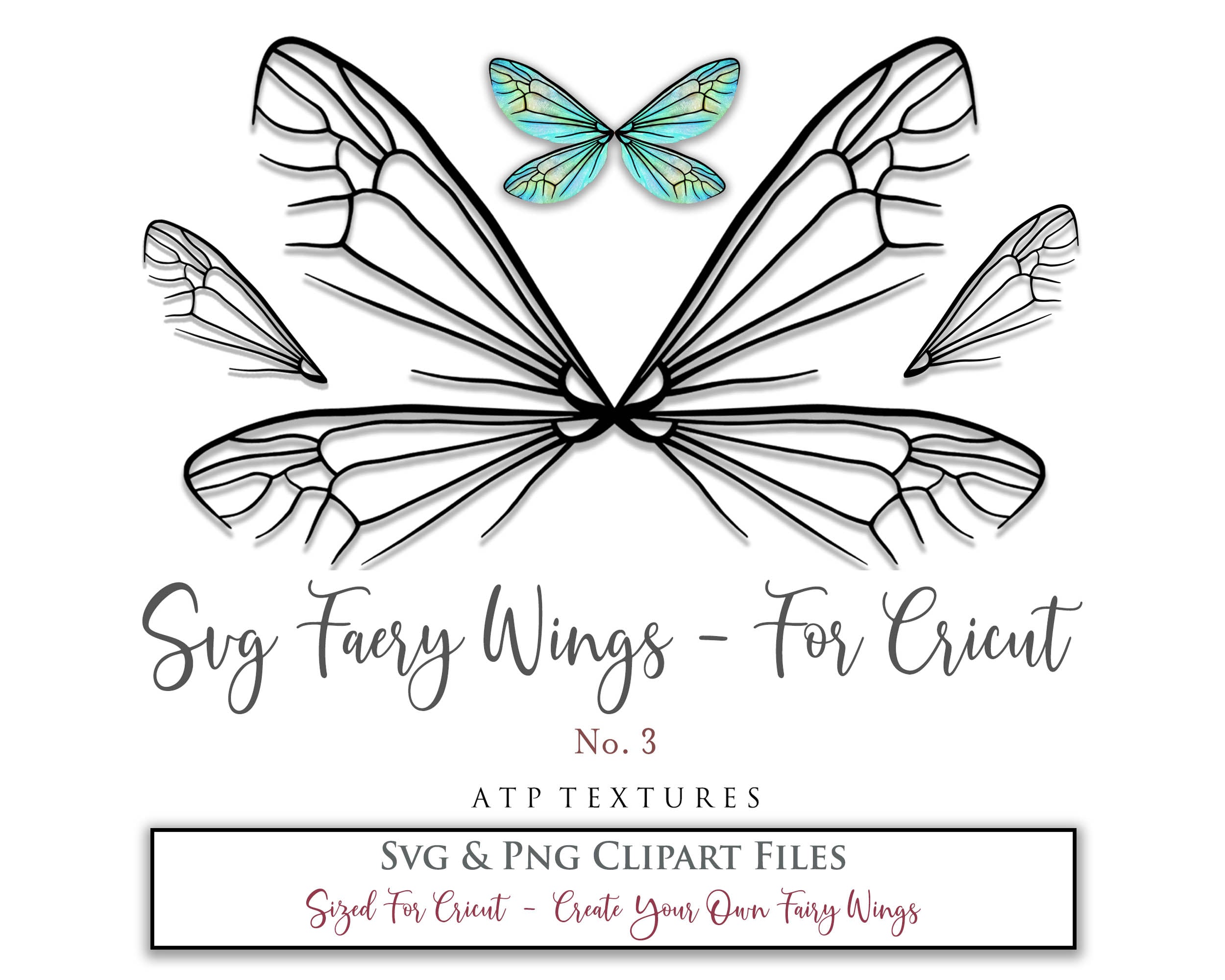 SVG & PNG Fairy/Angel Wing files for Cricut, Silhouette Cameo and other Cutting Machines. Create wearable fairy wings, all sizes. Perfect for Halloween Costumes, Fantasy, Cosplay, Photography. Prints, Wedding, Engagement, Baby Shower invitations, Sublimation Printing, Clip Art and more. Cut and assemble. ATP Textures.