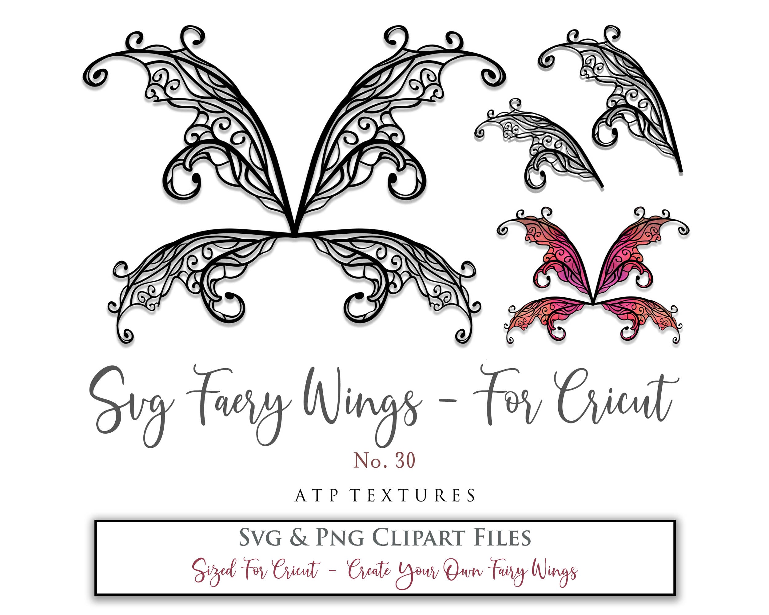 SVG & PNG Fairy/Angel Wing files for Cricut, Silhouette Cameo and other Cutting Machines. Create wearable fairy wings, all sizes. Perfect for Halloween Costumes, Fantasy, Cosplay, Photography. Prints, Wedding, Engagement, Baby Shower invitations, Sublimation Printing, Clip Art and more. Cut and assemble. ATP Textures.