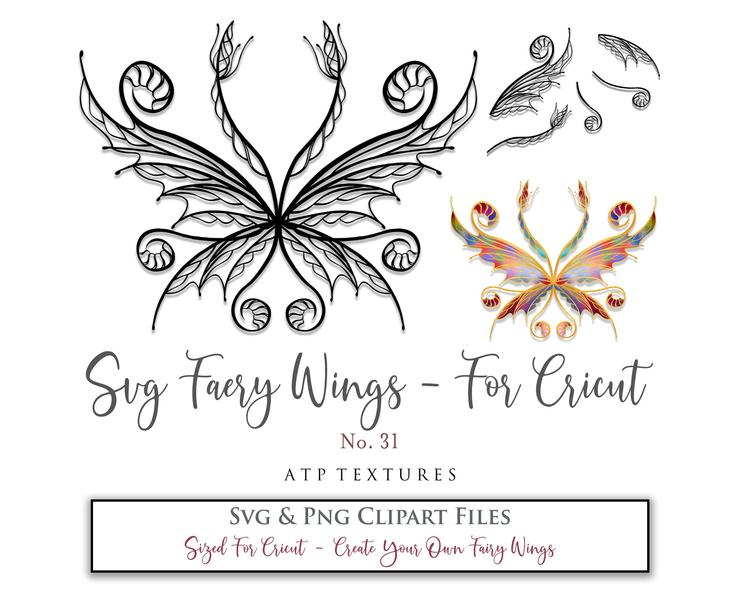 SVG & PNG Fairy/Angel Wing files for Cricut, Silhouette Cameo and other Cutting Machines. Create wearable fairy wings, all sizes. Perfect for Halloween Costumes, Fantasy, Cosplay, Photography. Prints, Wedding, Engagement, Baby Shower invitations, Sublimation Printing, Clip Art and more. Cut and assemble. ATP Textures.