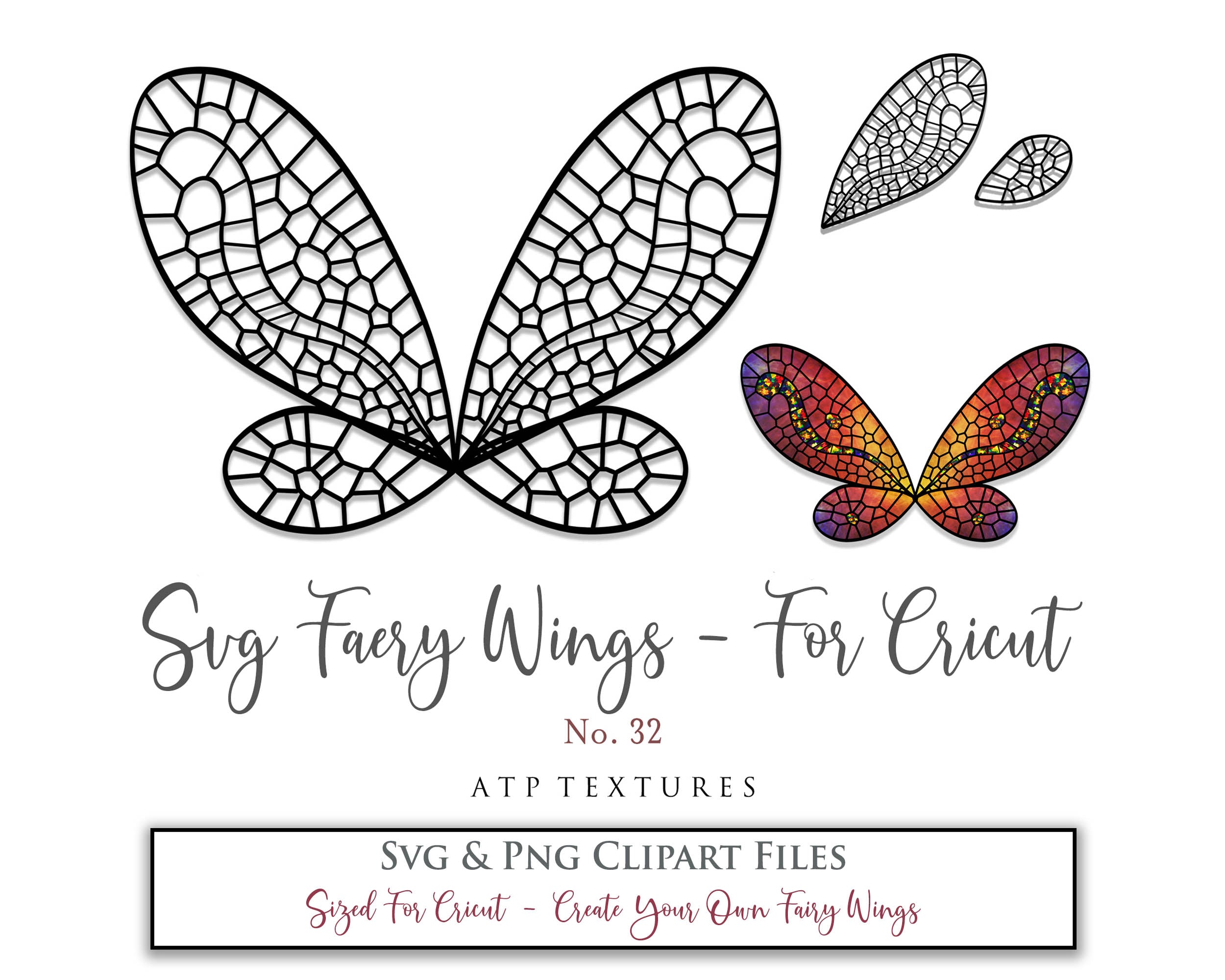 SVG & PNG Fairy/Angel Wing files for Cricut, Silhouette Cameo and other Cutting Machines. Create wearable fairy wings, all sizes. Perfect for Halloween Costumes, Fantasy, Cosplay, Photography. Prints, Wedding, Engagement, Baby Shower invitations, Sublimation Printing, Clip Art and more. Cut and assemble. ATP Textures.
