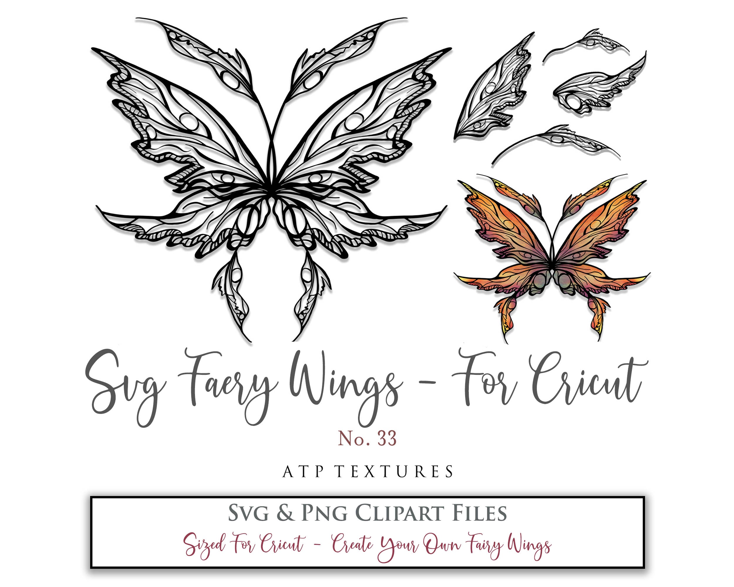 SVG & PNG Fairy/Angel Wing files for Cricut, Silhouette Cameo and other Cutting Machines. Create wearable fairy wings, all sizes. Perfect for Halloween Costumes, Fantasy, Cosplay, Photography. Prints, Wedding, Engagement, Baby Shower invitations, Sublimation Printing, Clip Art and more. Cut and assemble. ATP Textures.