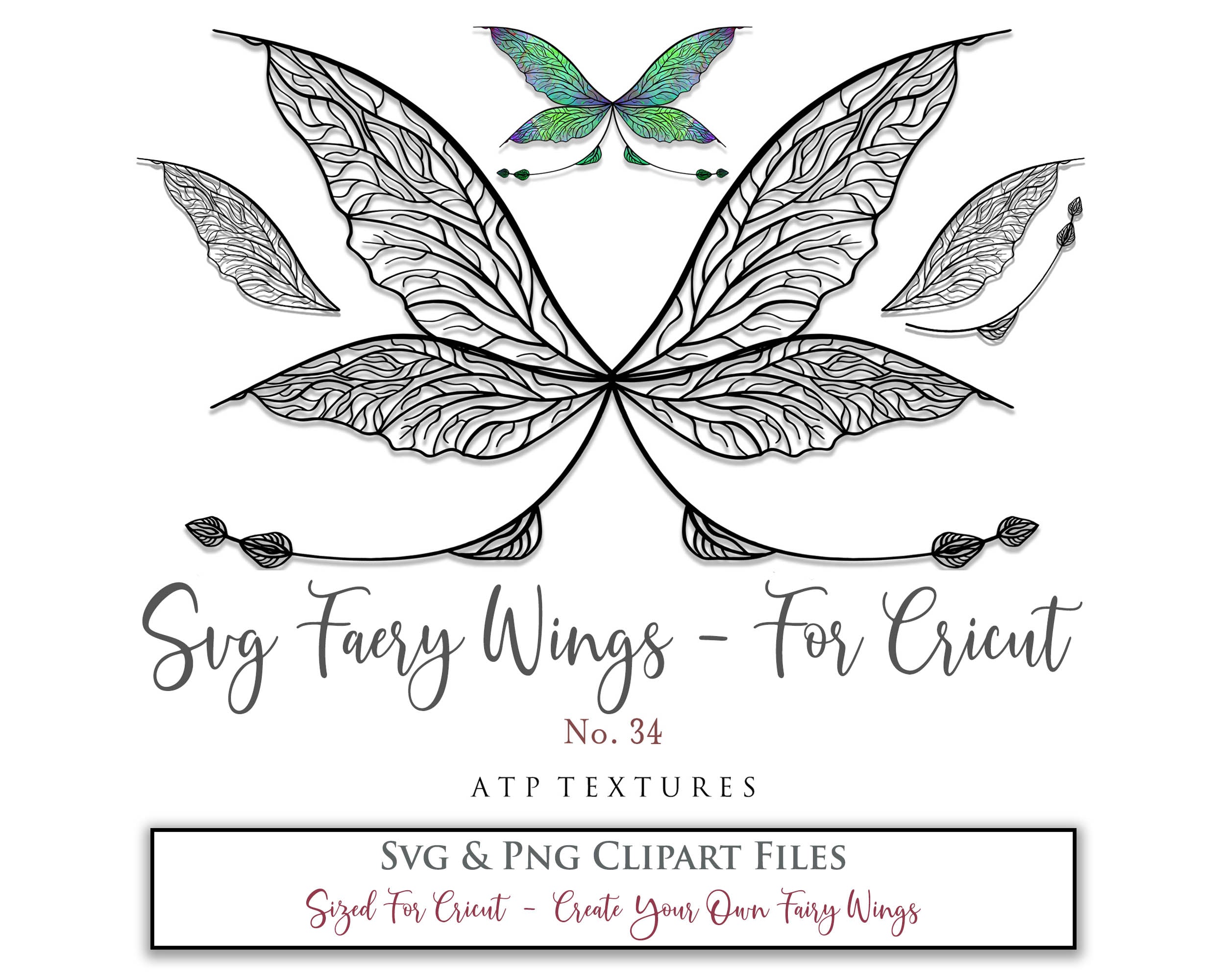 SVG & PNG Fairy/Angel Wing files for Cricut, Silhouette Cameo and other Cutting Machines. Create wearable fairy wings, all sizes. Perfect for Halloween Costumes, Fantasy, Cosplay, Photography. Prints, Wedding, Engagement, Baby Shower invitations, Sublimation Printing, Clip Art and more. Cut and assemble. ATP Textures.
