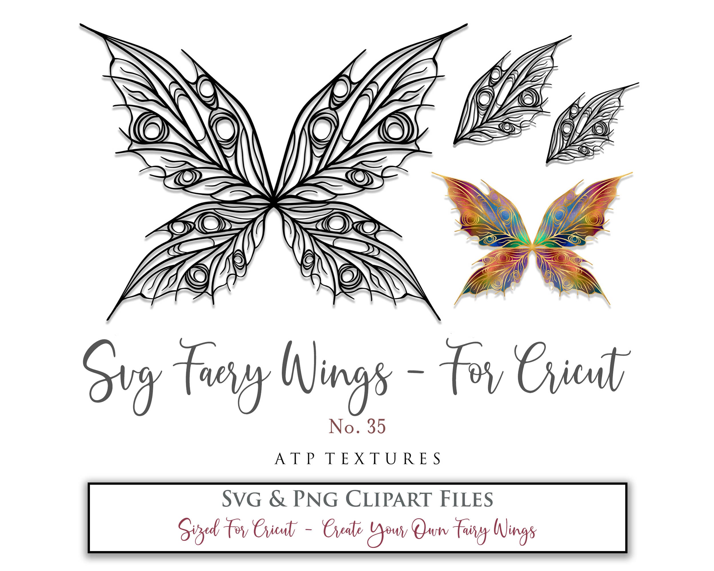 SVG & PNG Fairy/Angel Wing files for Cricut, Silhouette Cameo and other Cutting Machines. Create wearable fairy wings, all sizes. Perfect for Halloween Costumes, Fantasy, Cosplay, Photography. Prints, Wedding, Engagement, Baby Shower invitations, Sublimation Printing, Clip Art and more. Cut and assemble. ATP Textures.