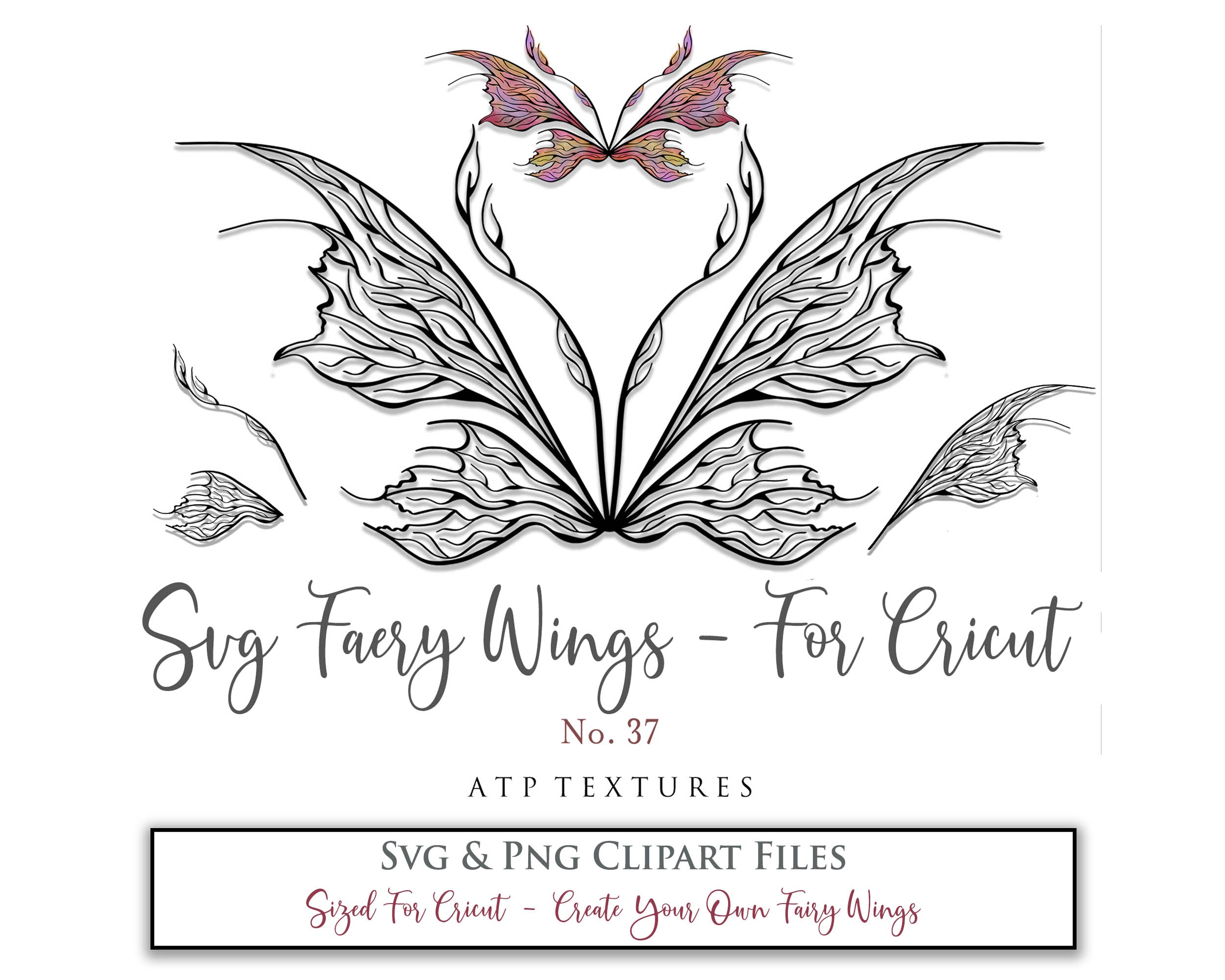 SVG & PNG Fairy/Angel Wing files for Cricut, Silhouette Cameo and other Cutting Machines. Create wearable fairy wings, all sizes. Perfect for Halloween Costumes, Fantasy, Cosplay, Photography. Prints, Wedding, Engagement, Baby Shower invitations, Sublimation Printing, Clip Art and more. Cut and assemble. ATP Textures.