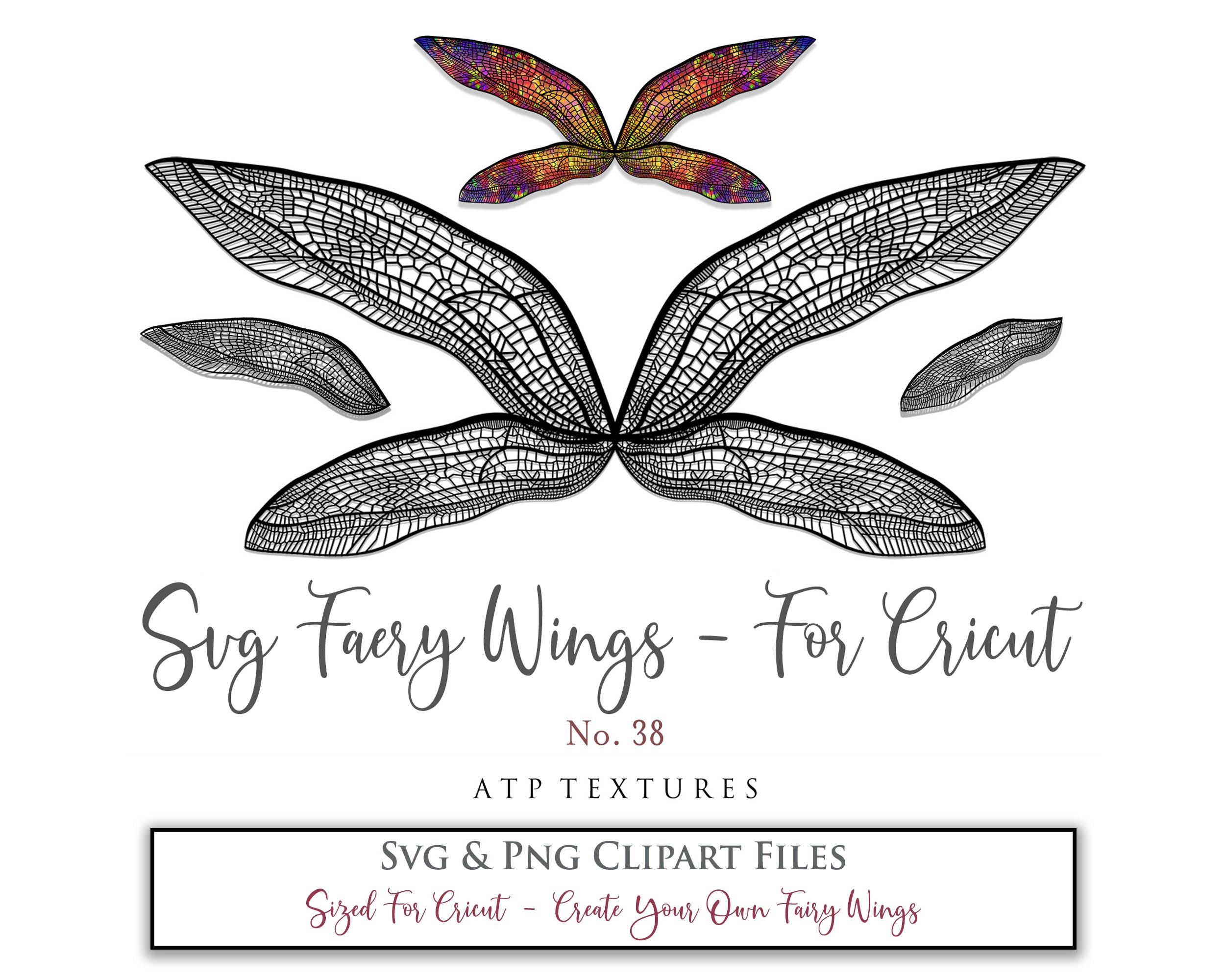 SVG & PNG Fairy/Angel Wing files for Cricut, Silhouette Cameo and other Cutting Machines. Create wearable fairy wings, all sizes. Perfect for Halloween Costumes, Fantasy, Cosplay, Photography. Prints, Wedding, Engagement, Baby Shower invitations, Sublimation Printing, Clip Art and more. Cut and assemble. ATP Textures.