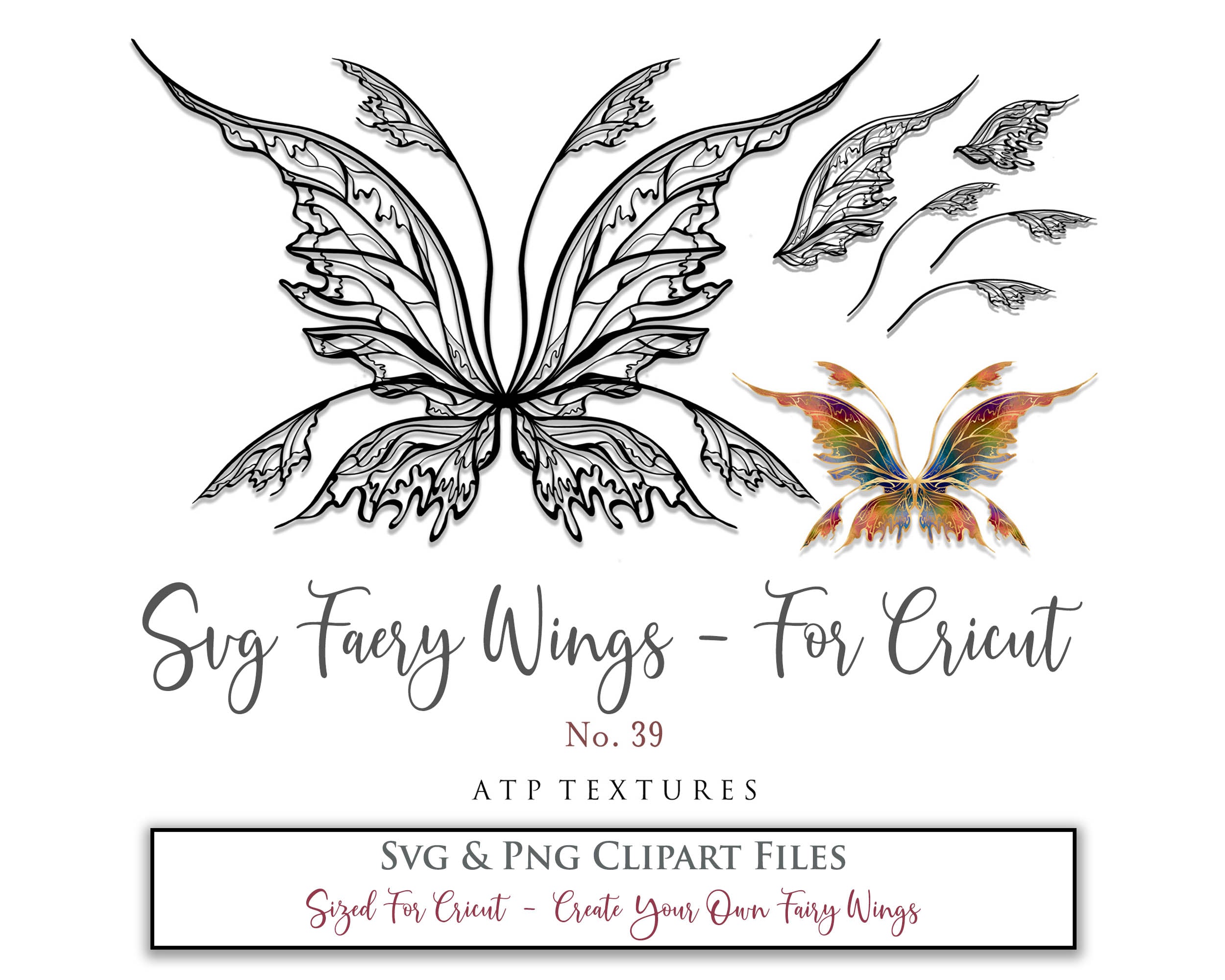 SVG & PNG Fairy/Angel Wing files for Cricut, Silhouette Cameo and other Cutting Machines. Create wearable fairy wings, all sizes. Perfect for Halloween Costumes, Fantasy, Cosplay, Photography. Prints, Wedding, Engagement, Baby Shower invitations, Sublimation Printing, Clip Art and more. Cut and assemble. ATP Textures.
