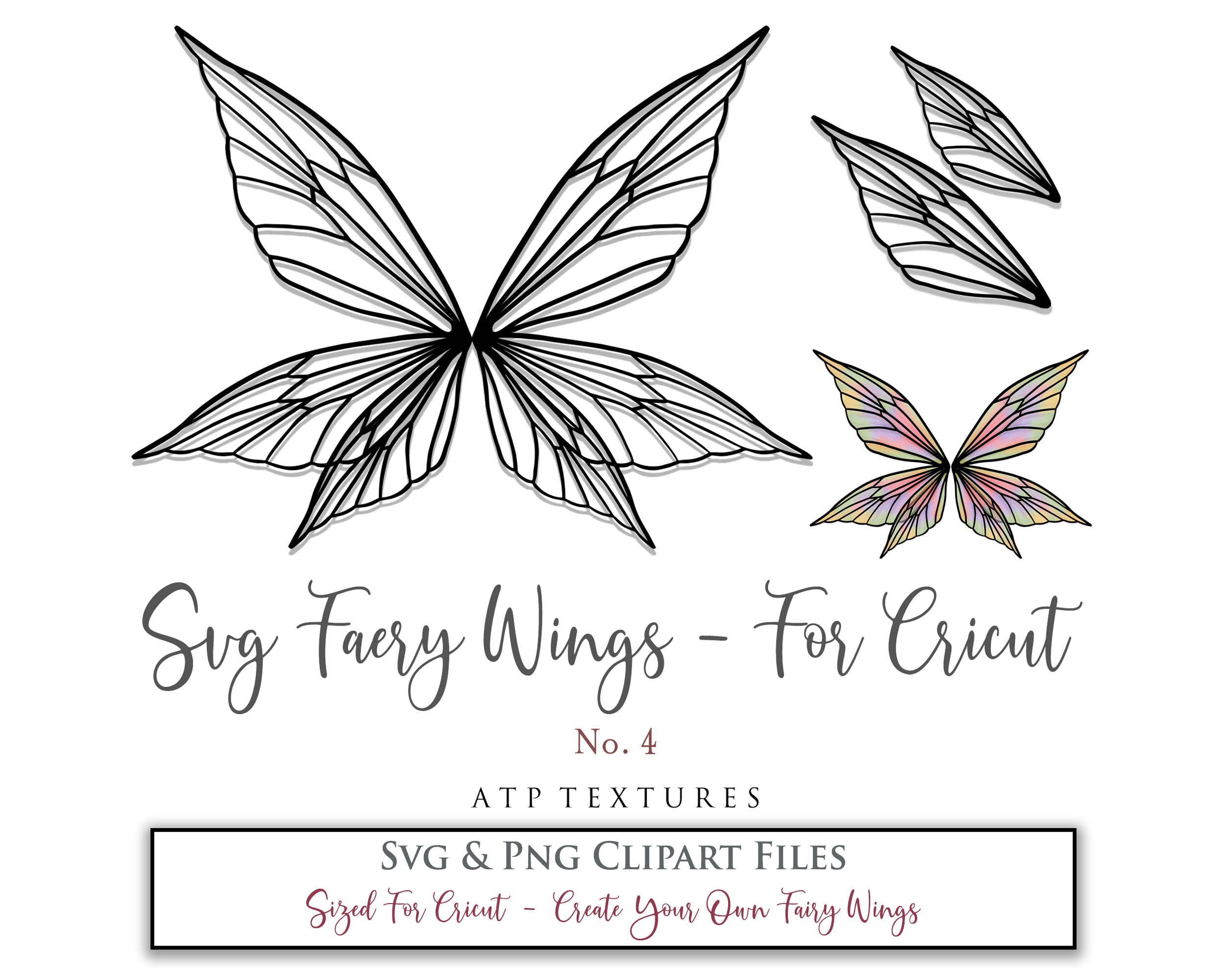 SVG & PNG Fairy/Angel Wing files for Cricut, Silhouette Cameo and other Cutting Machines. Create wearable fairy wings, all sizes. Perfect for Halloween Costumes, Fantasy, Cosplay, Photography. Prints, Wedding, Engagement, Baby Shower invitations, Sublimation Printing, Clip Art and more. Cut and assemble. ATP Textures.